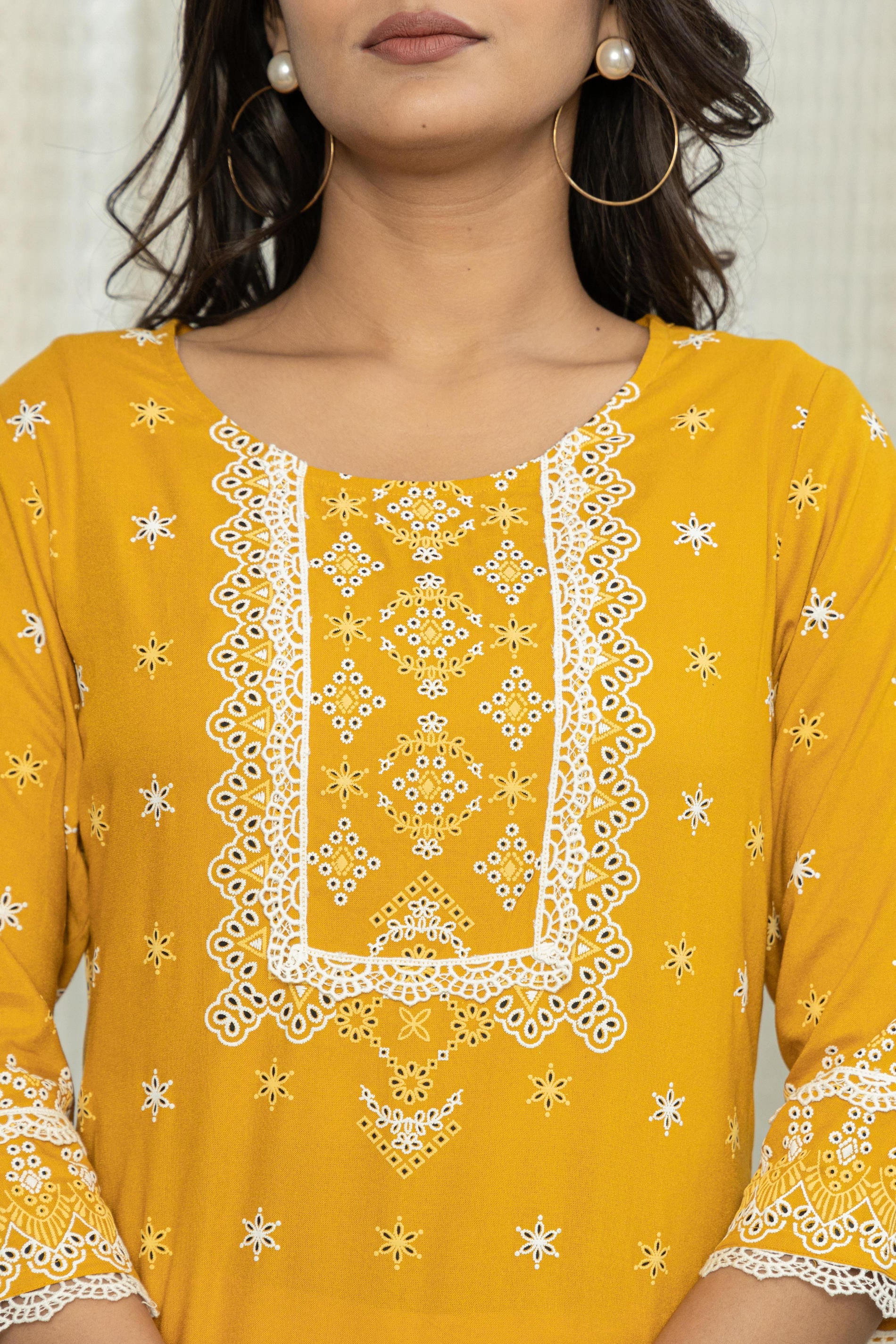 Mustard Ethnic Motif Printed Viscose Kurta With Lace