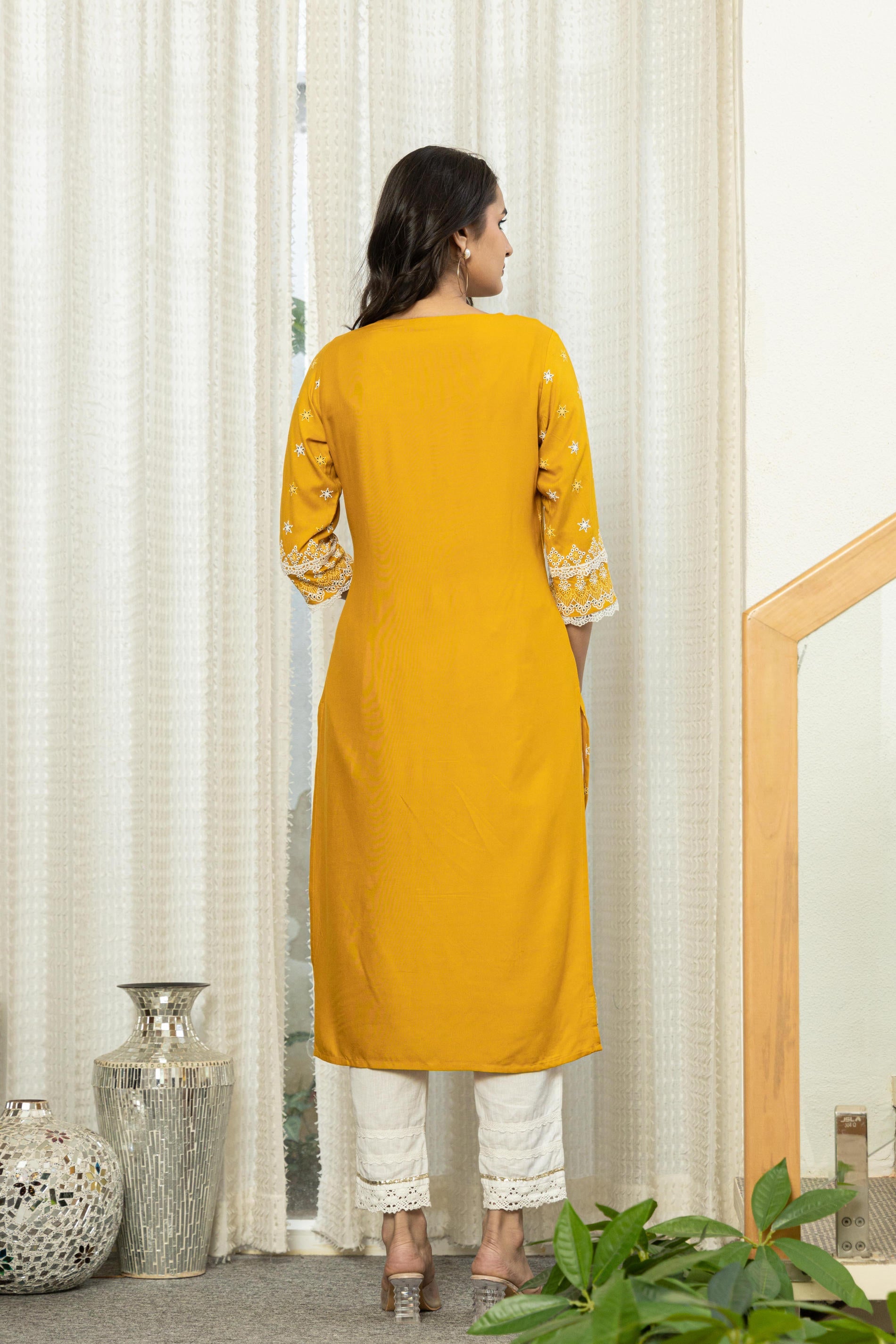 Mustard Ethnic Motif Printed Viscose Kurta With Lace