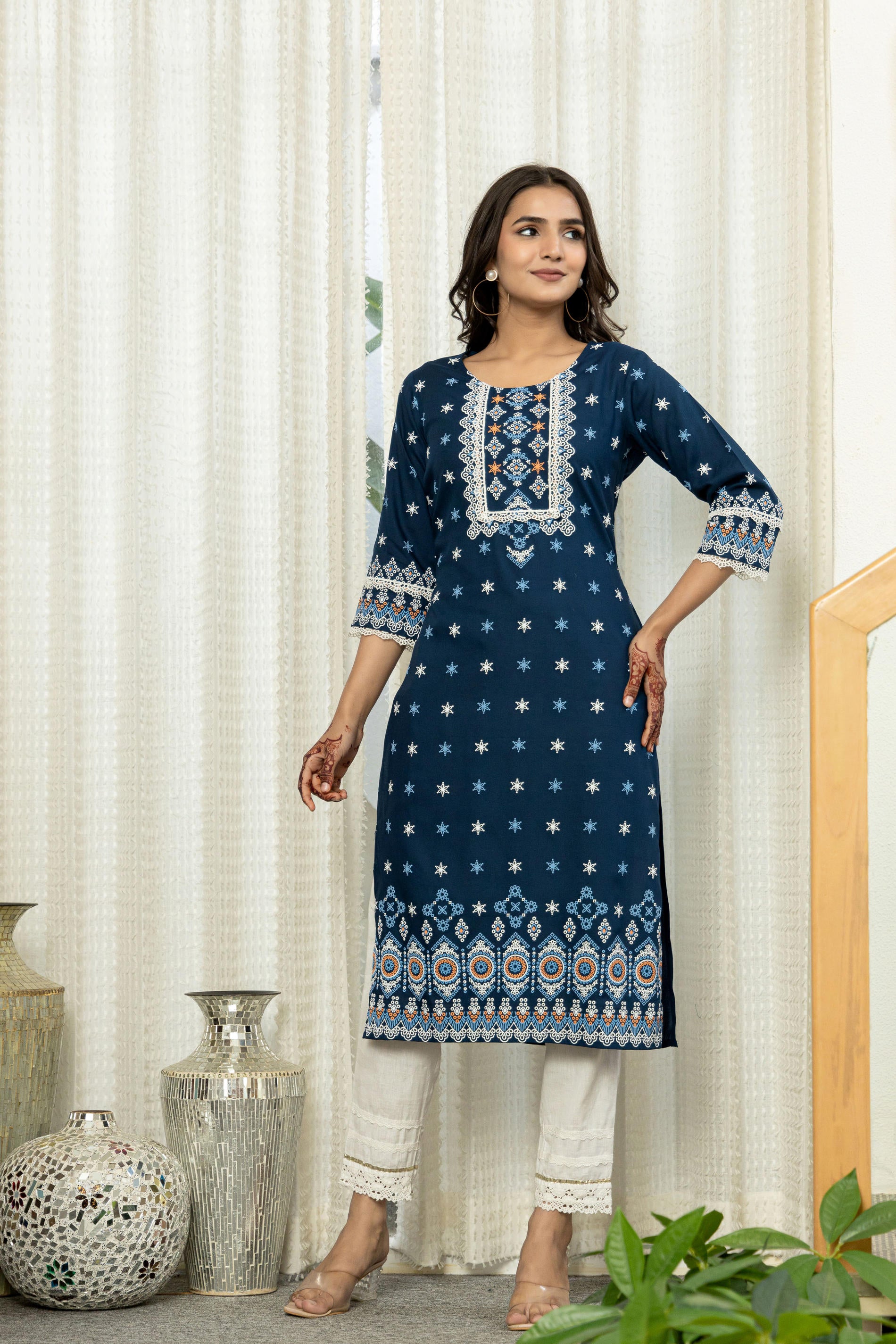 Navy Ethnic Motif Printed Viscose Kurta  With Lace