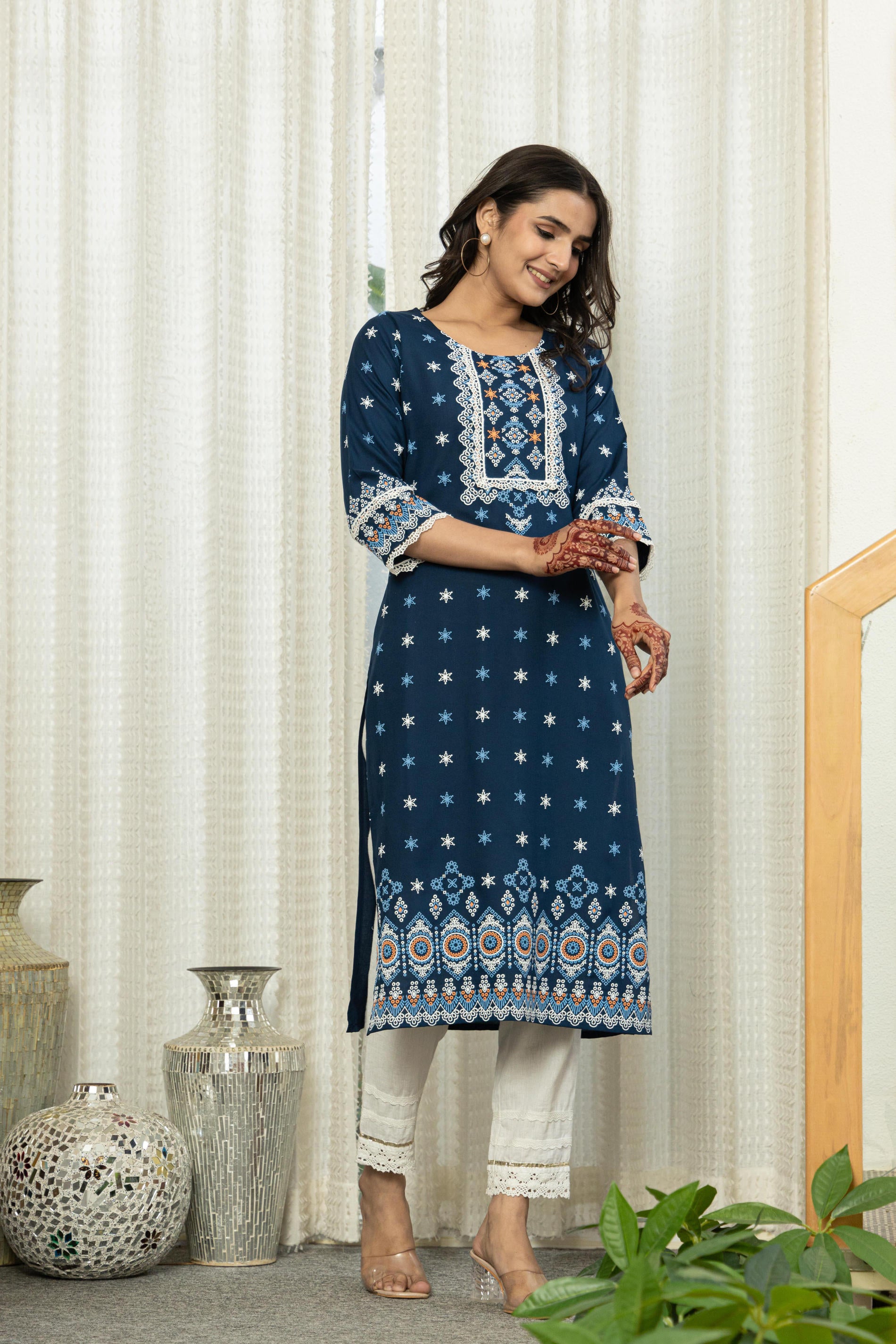 Navy Ethnic Motif Printed Viscose Kurta  With Lace