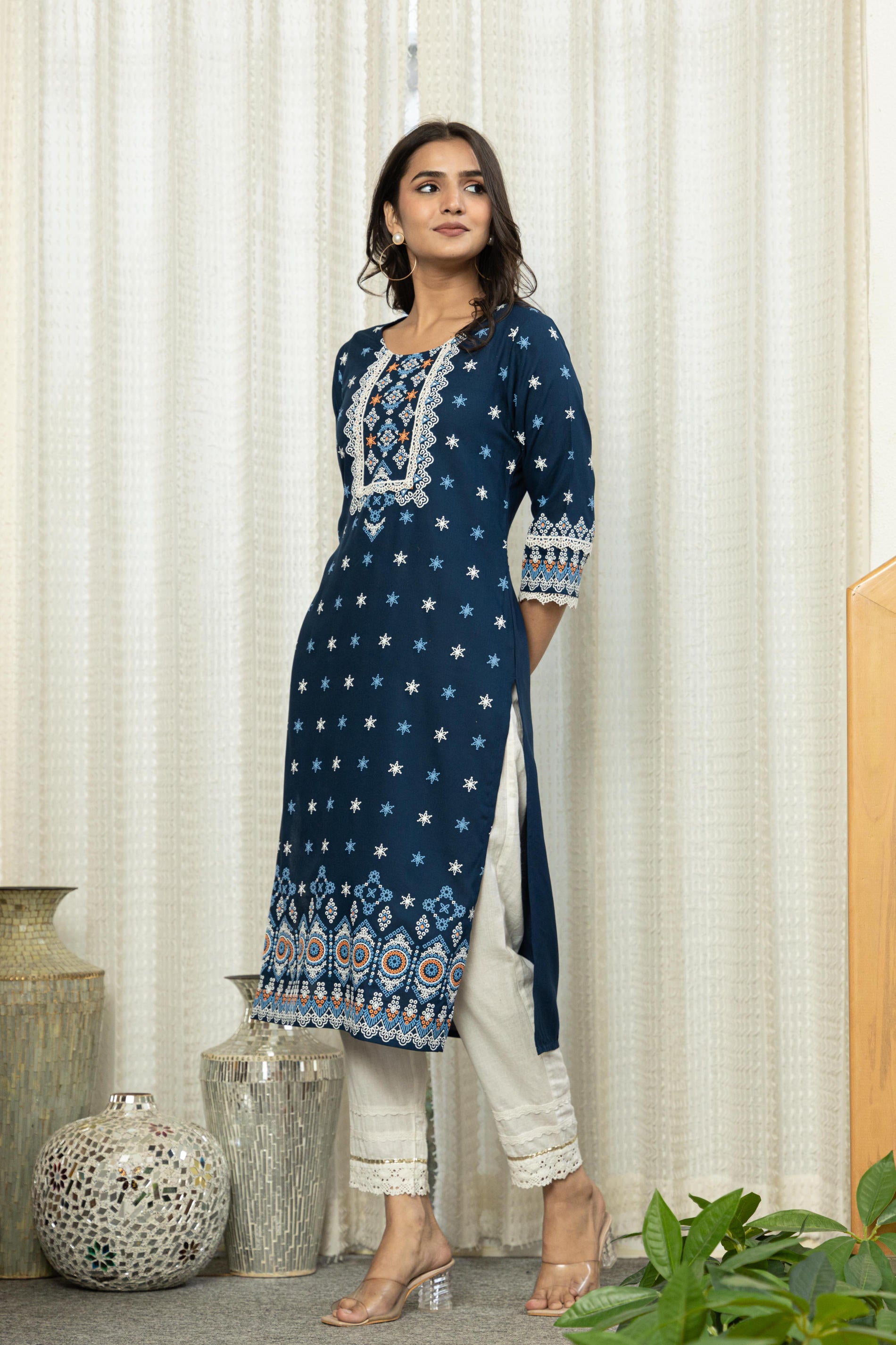 Navy Ethnic Motif Printed Viscose Kurta  With Lace