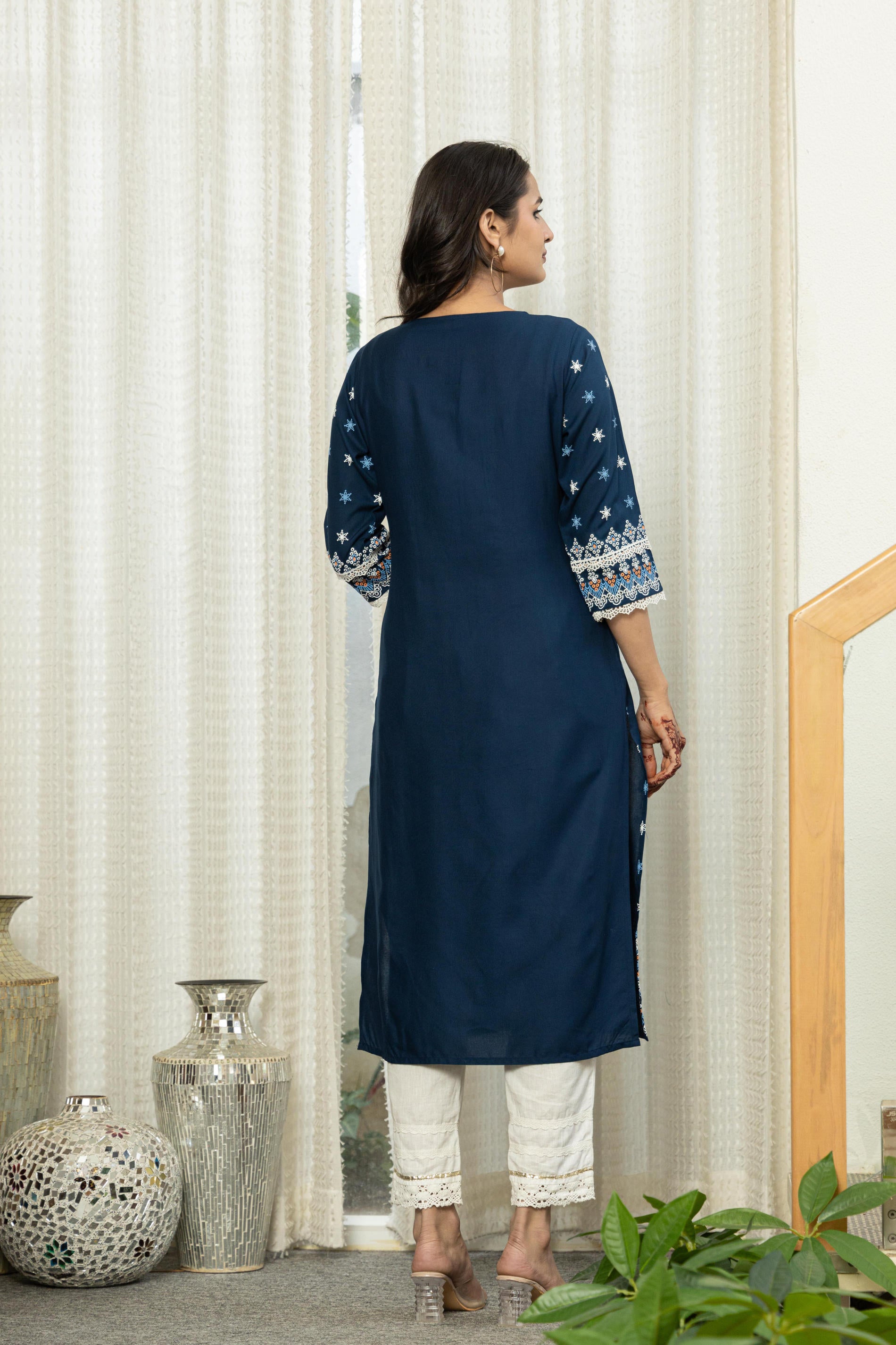 Navy Ethnic Motif Printed Viscose Kurta  With Lace