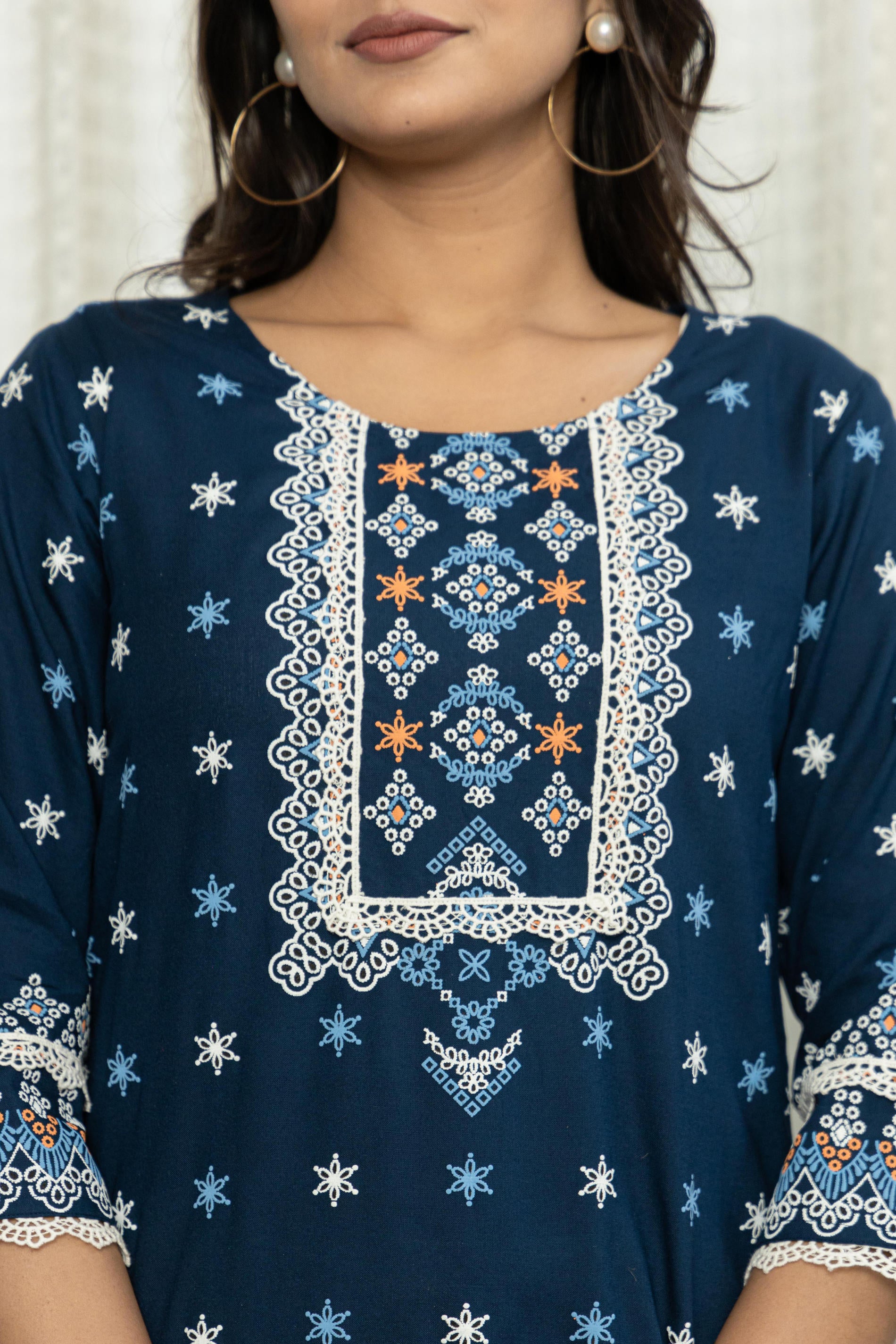 Navy Ethnic Motif Printed Viscose Kurta  With Lace