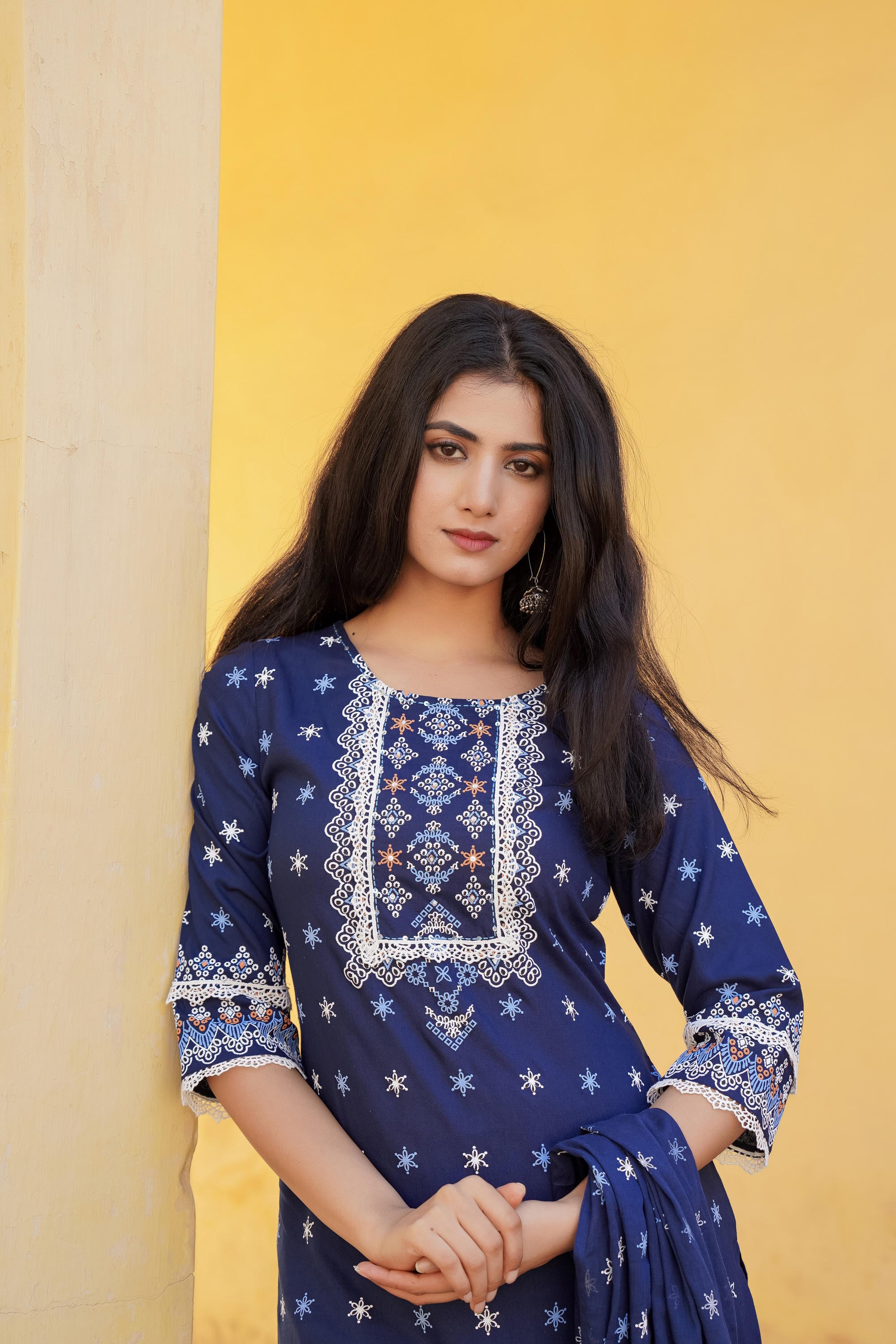 Navy Ethnic Motif Printed Viscose Kurta Pant And Dupatta Set With Sequins & Lace