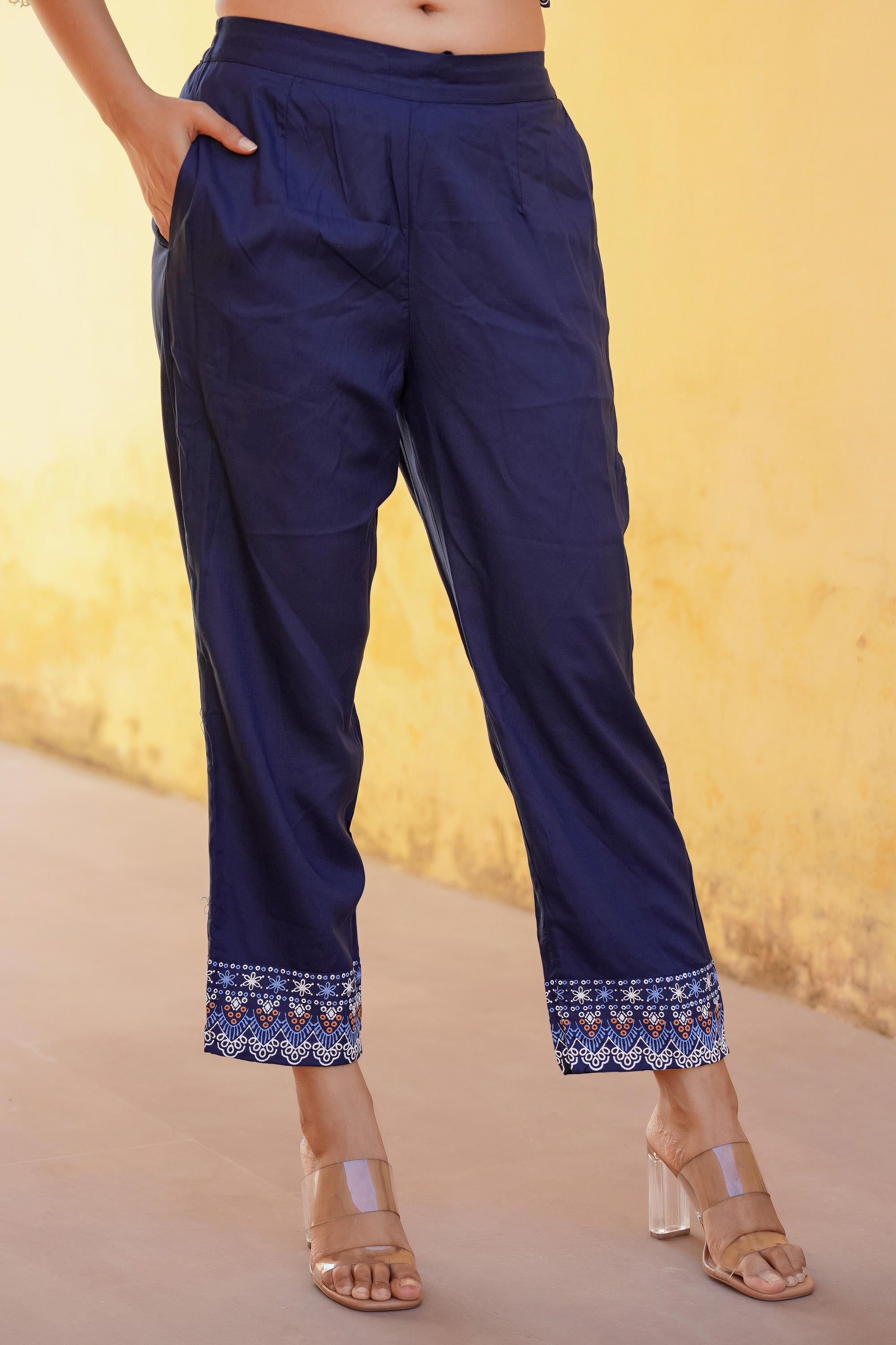 Navy Ethnic Motif Printed Viscose Kurta Pant And Dupatta Set With Sequins & Lace