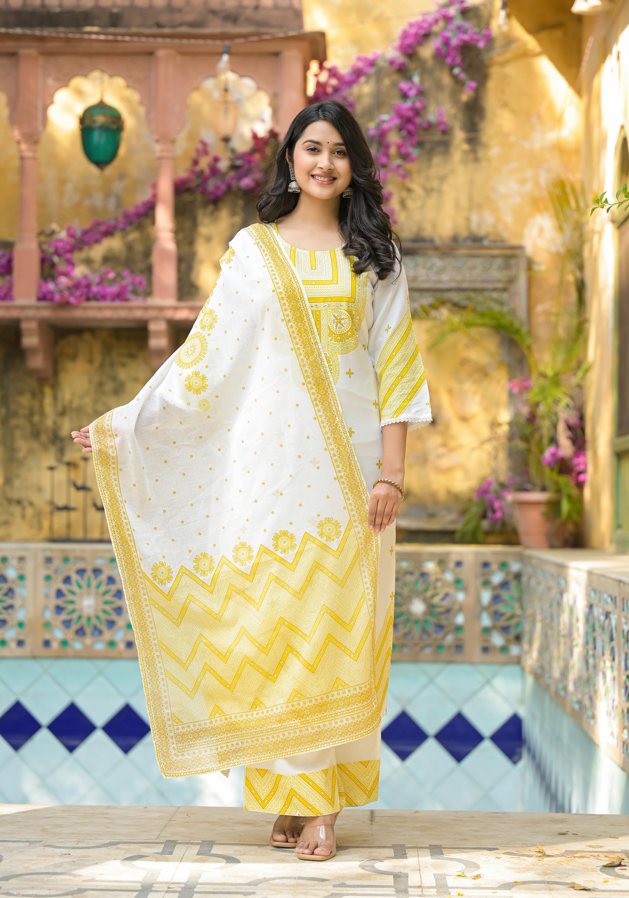 Mustard Ethnic Motif Printed Viscose Kurta Pant And Dupatta Set With Sequins & Beads