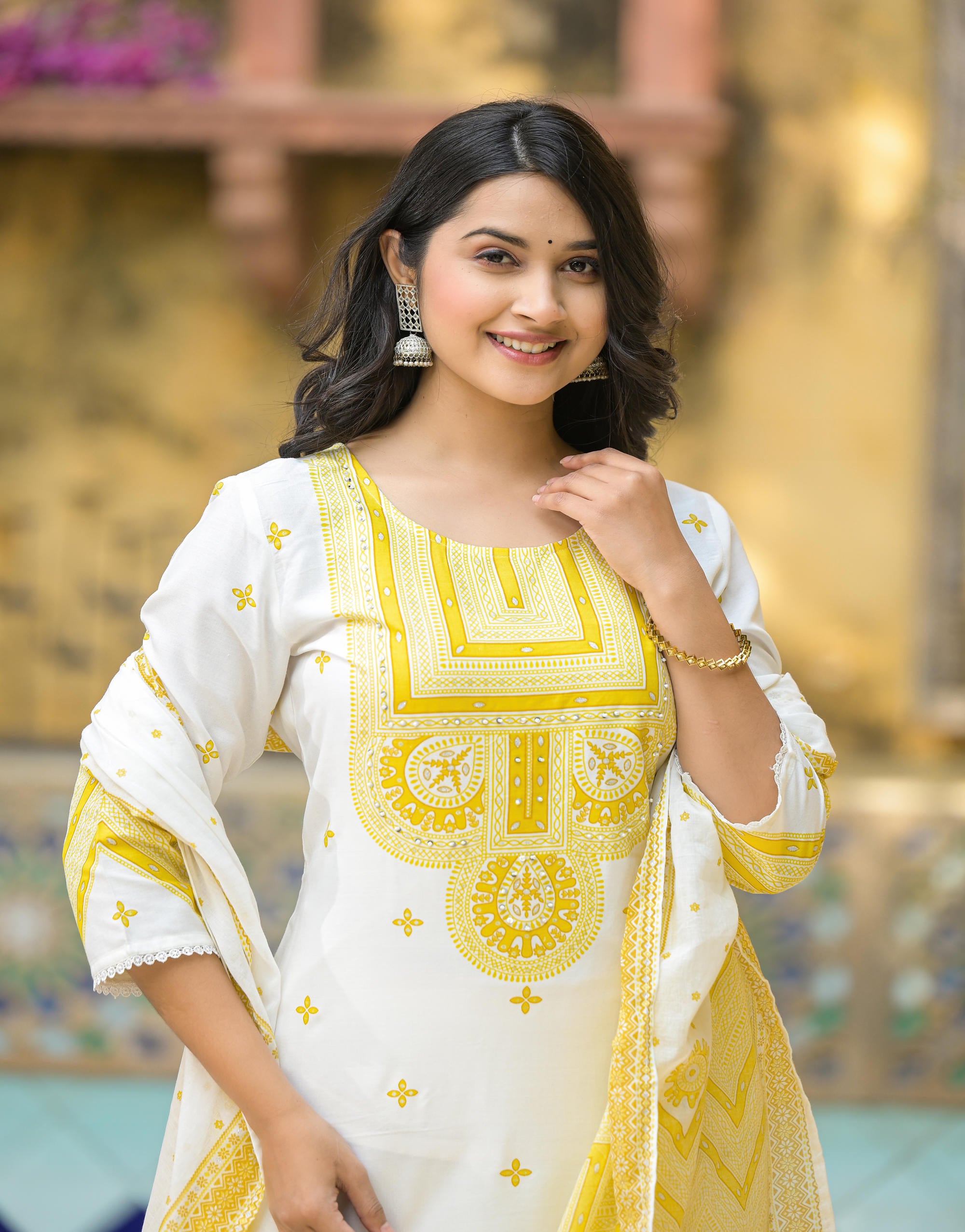 Mustard Ethnic Motif Printed Viscose Kurta Pant And Dupatta Set With Sequins & Beads