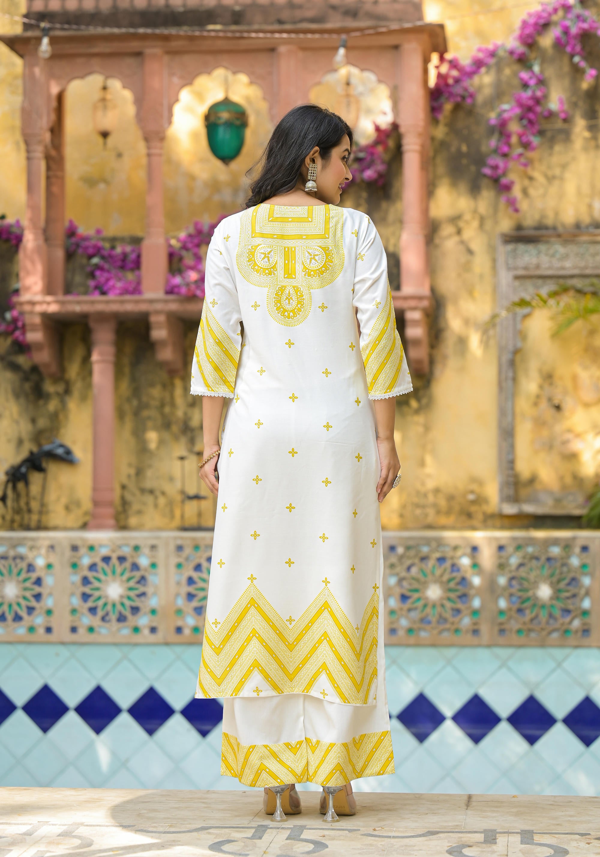 Mustard Ethnic Motif Printed Viscose Kurta Pant And Dupatta Set With Sequins & Beads