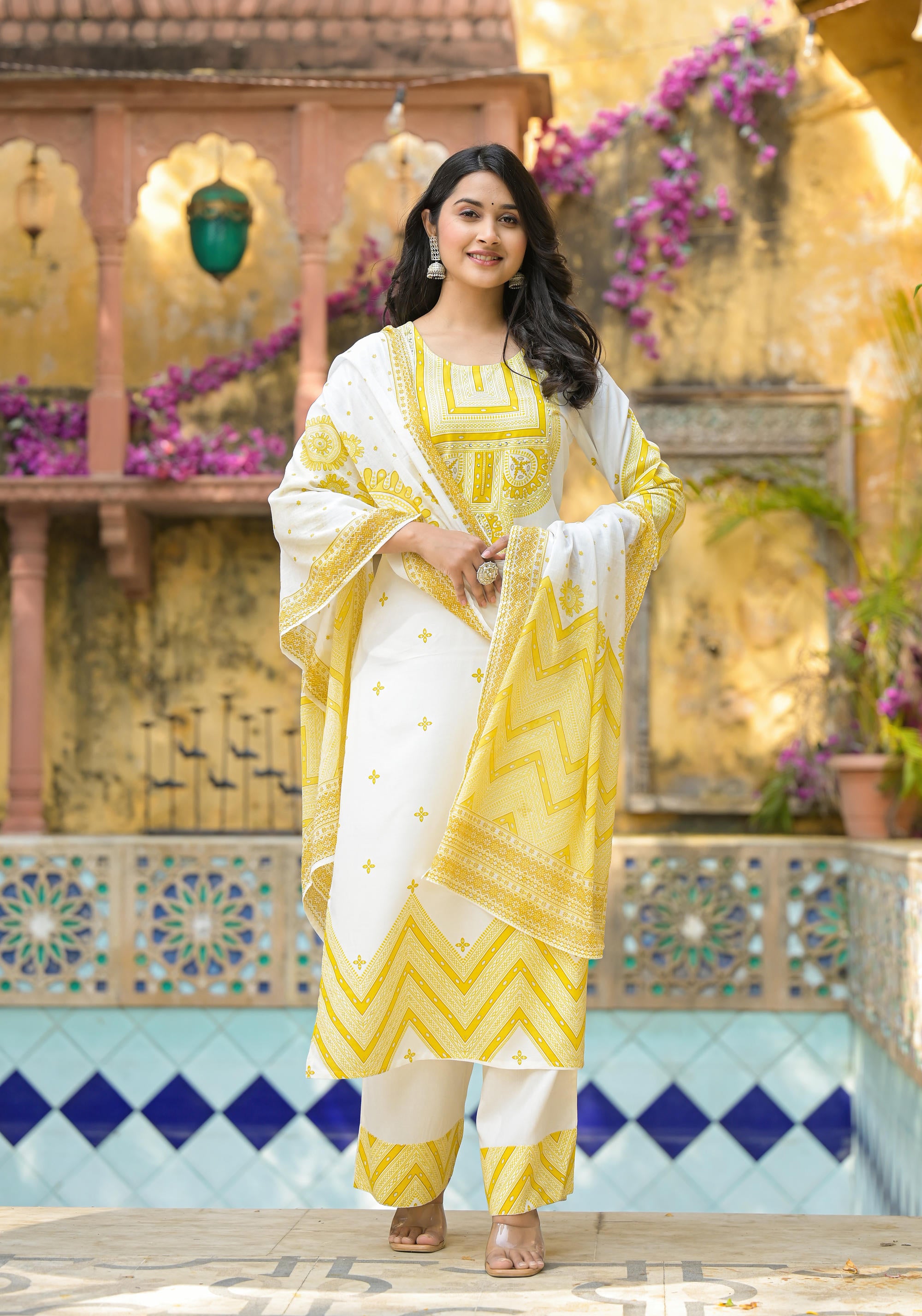 Mustard Ethnic Motif Printed Viscose Kurta Pant And Dupatta Set With Sequins & Beads