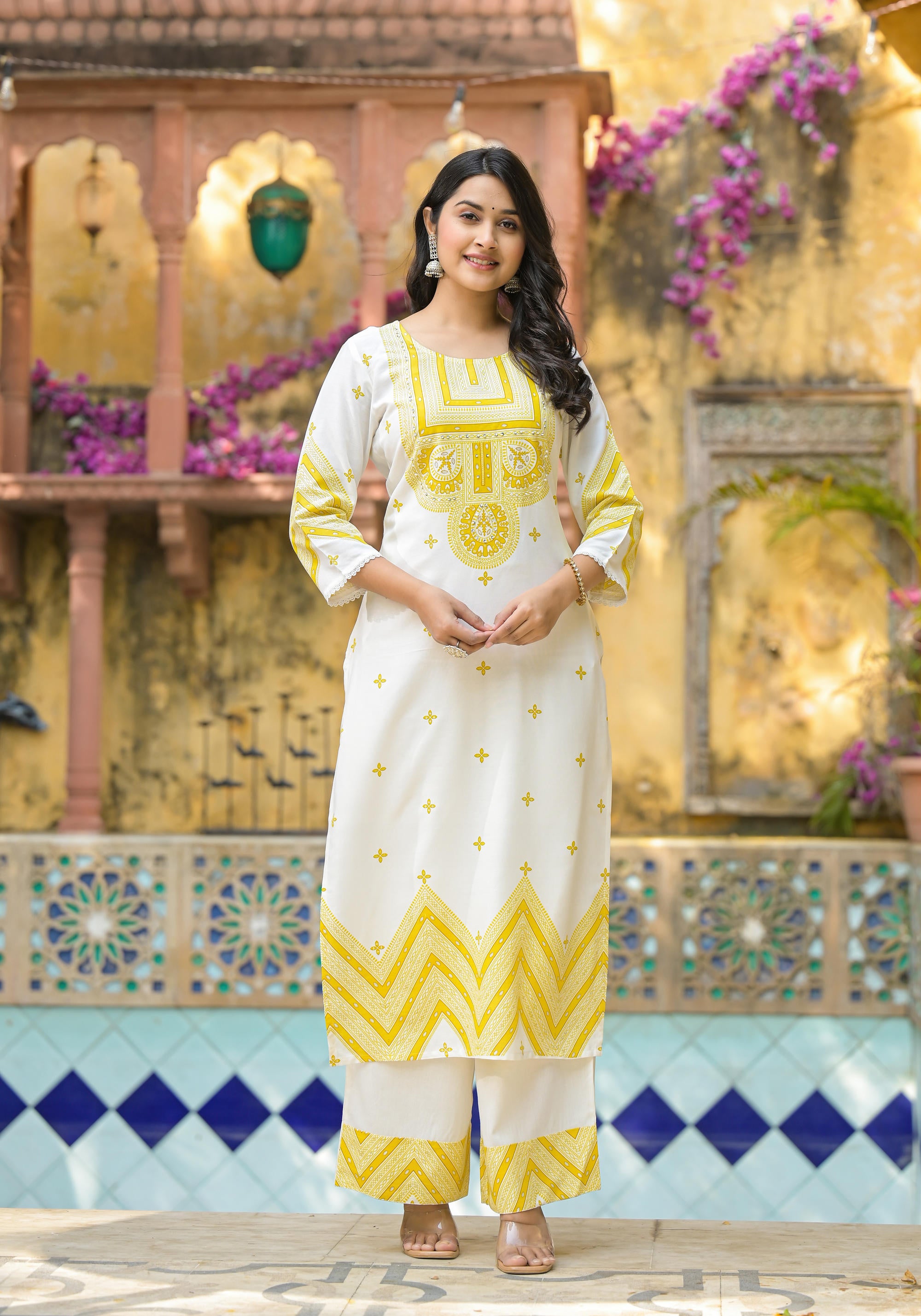 Mustard Ethnic Motif Printed Viscose Kurta Pant And Dupatta Set With Sequins & Beads