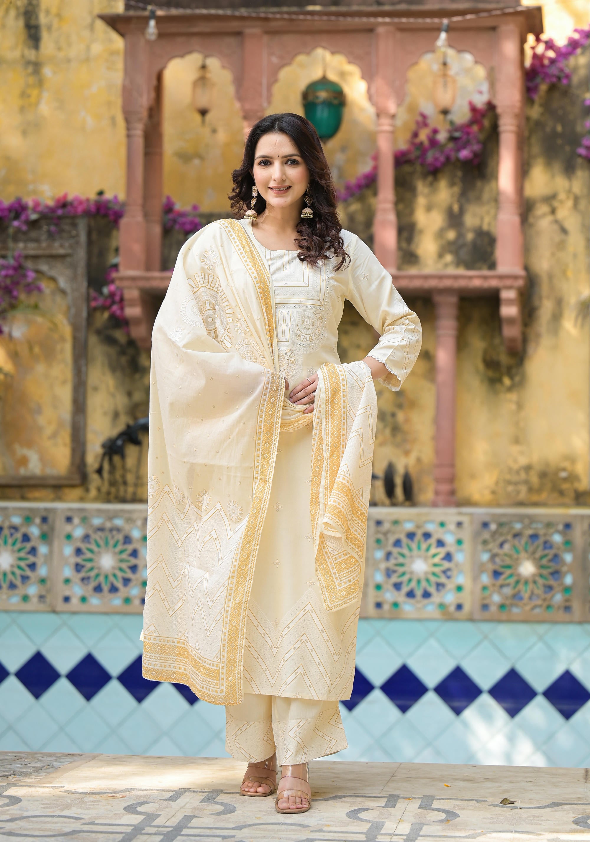 White Ethnic Motif Printed Viscose Kurta Pant And Dupatta Set With Sequins & Beads