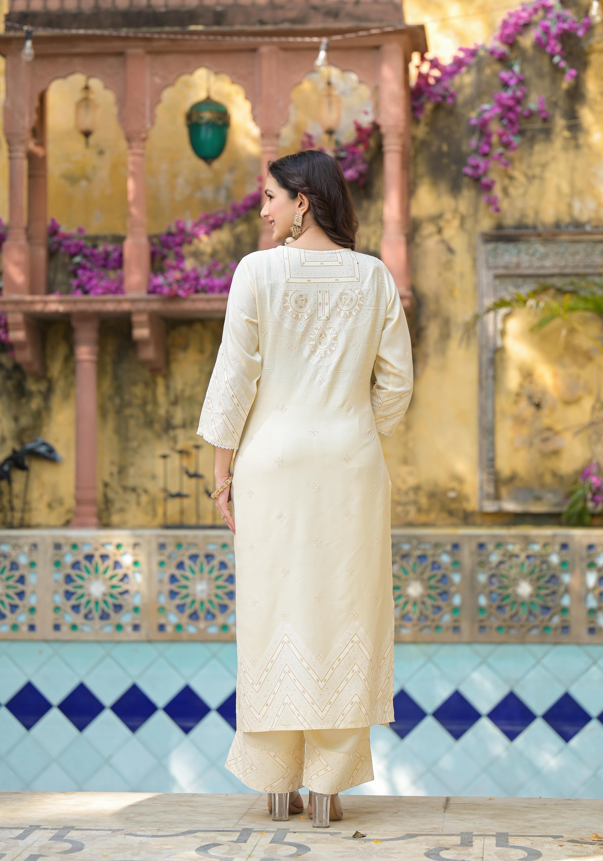 White Ethnic Motif Printed Viscose Kurta Pant And Dupatta Set With Sequins & Beads