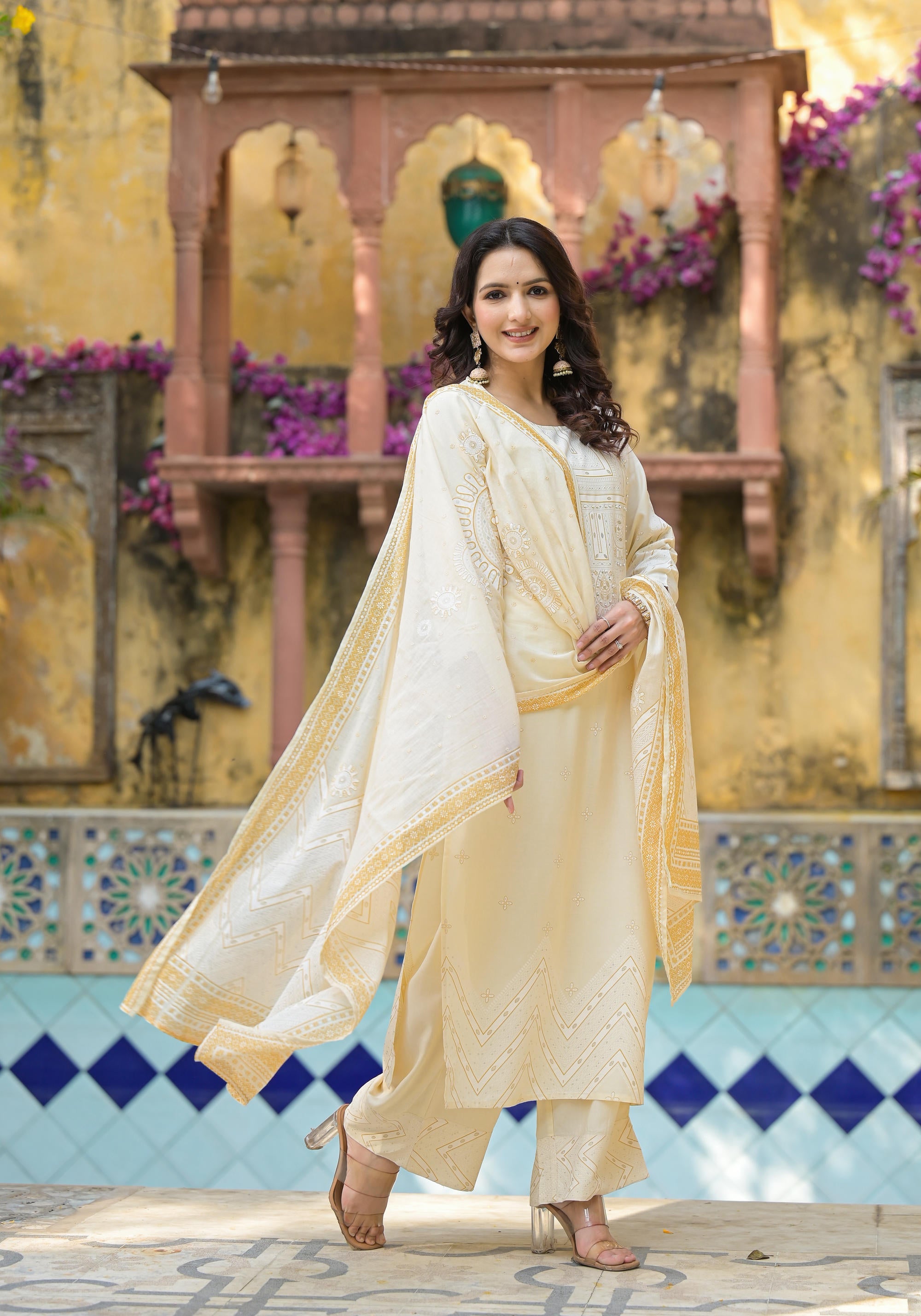 White Ethnic Motif Printed Viscose Kurta Pant And Dupatta Set With Sequins & Beads