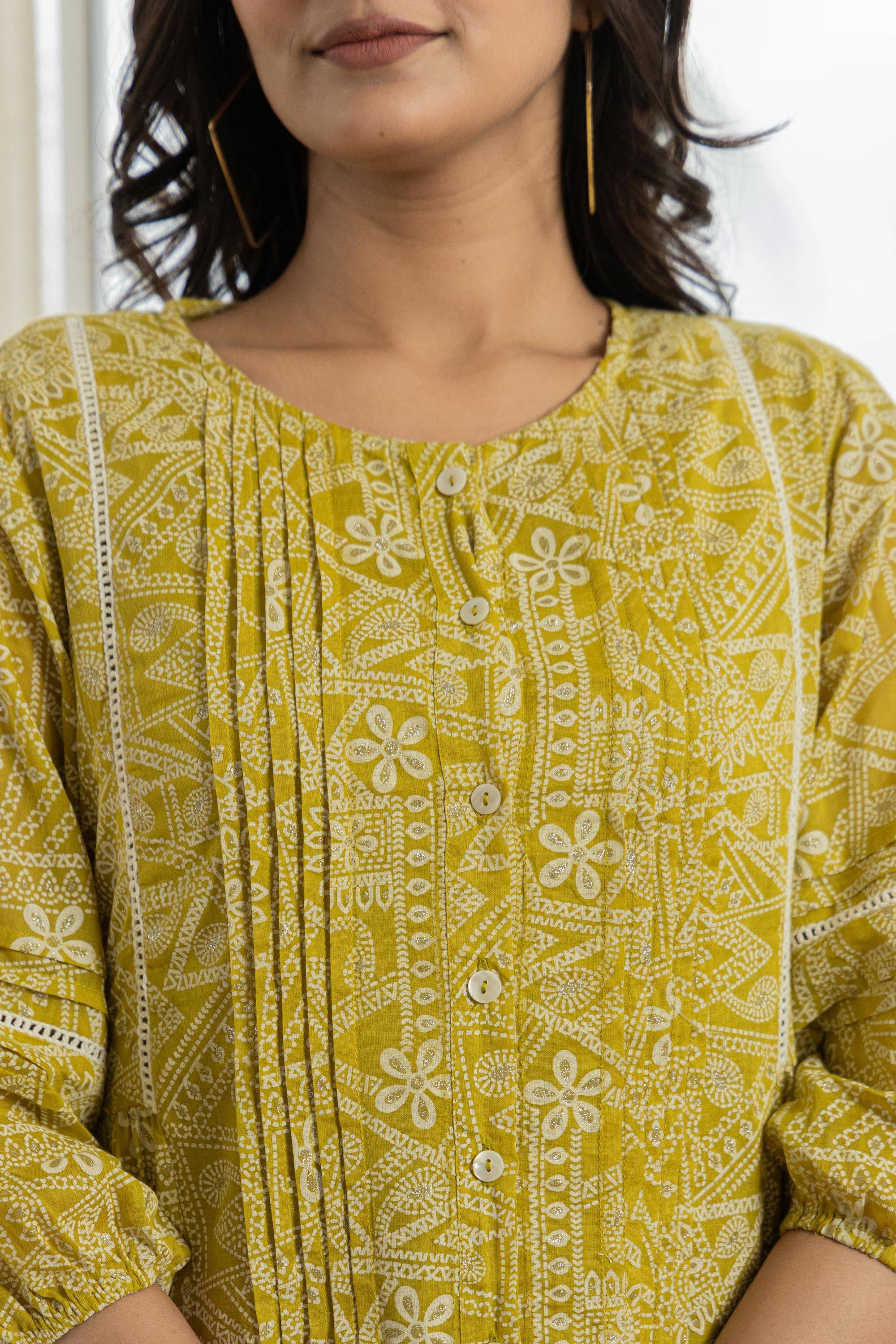Lemon Ethnic Motif Printed Cotton Kurta With Button Closure