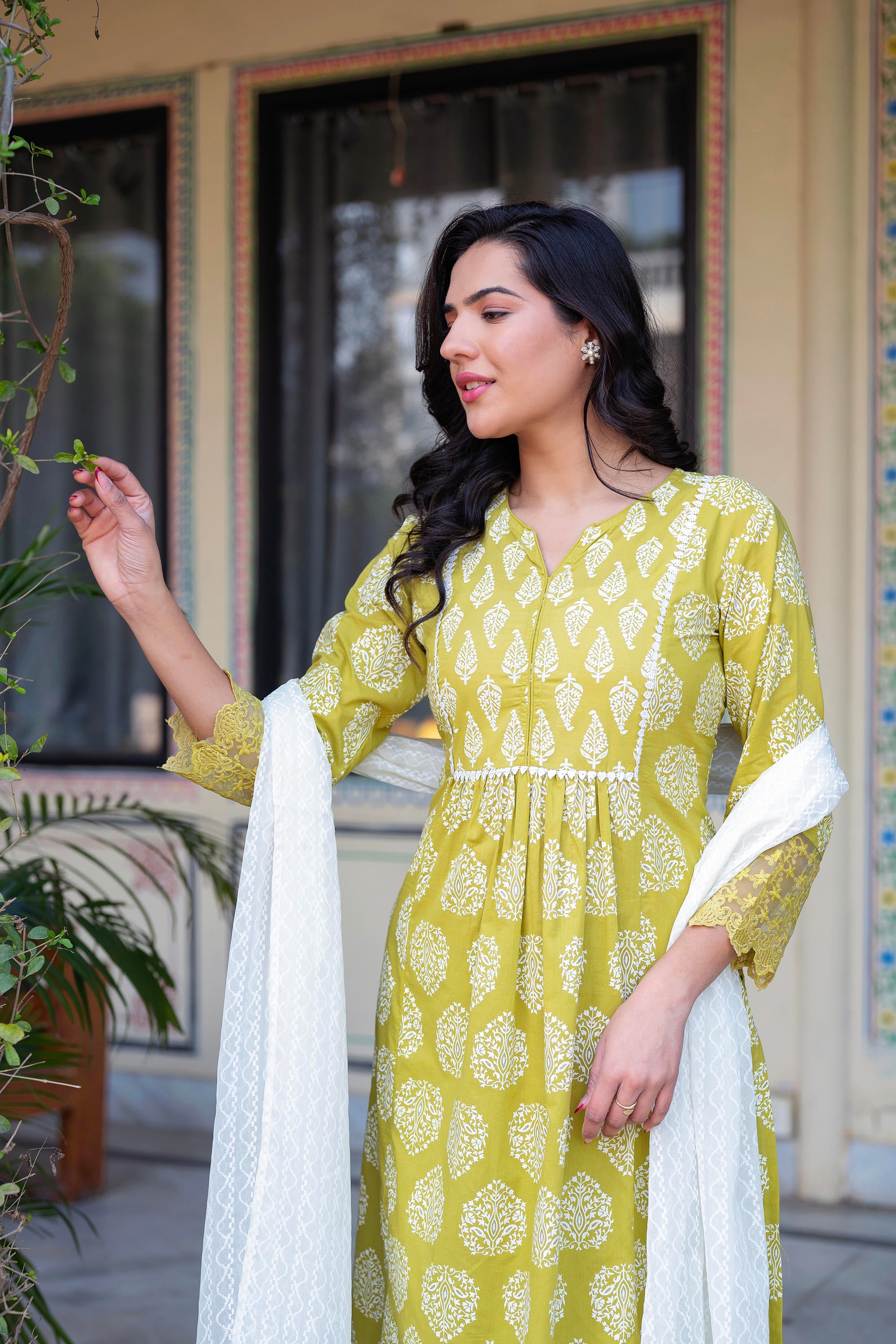 Lime Green Printed Cotton Kurta with Palazzo & Chiffon Dupatta
