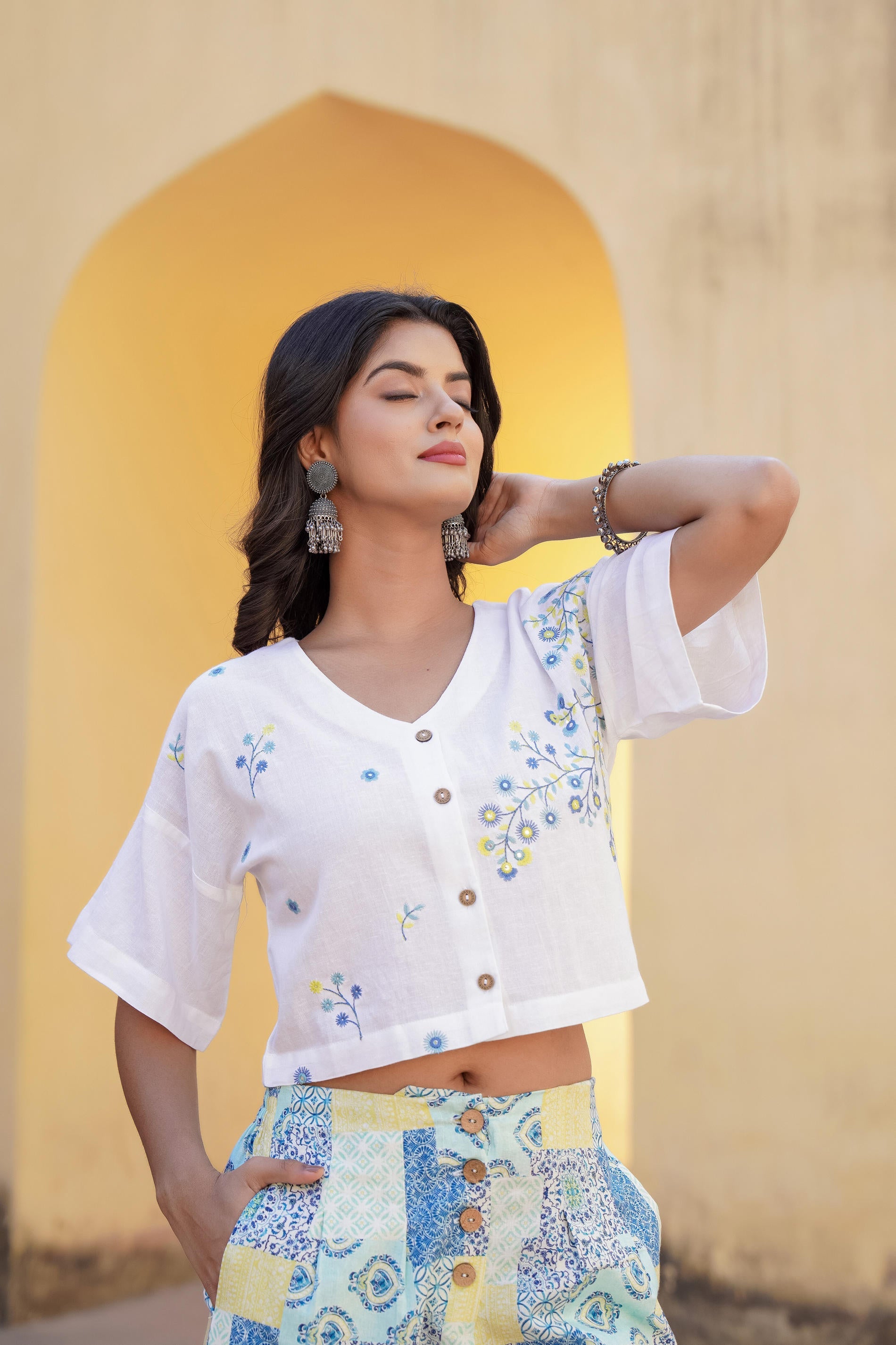 Blue Ethnic Motif Printed Viscose Top & Palazzo With Thread & Mirror Work
