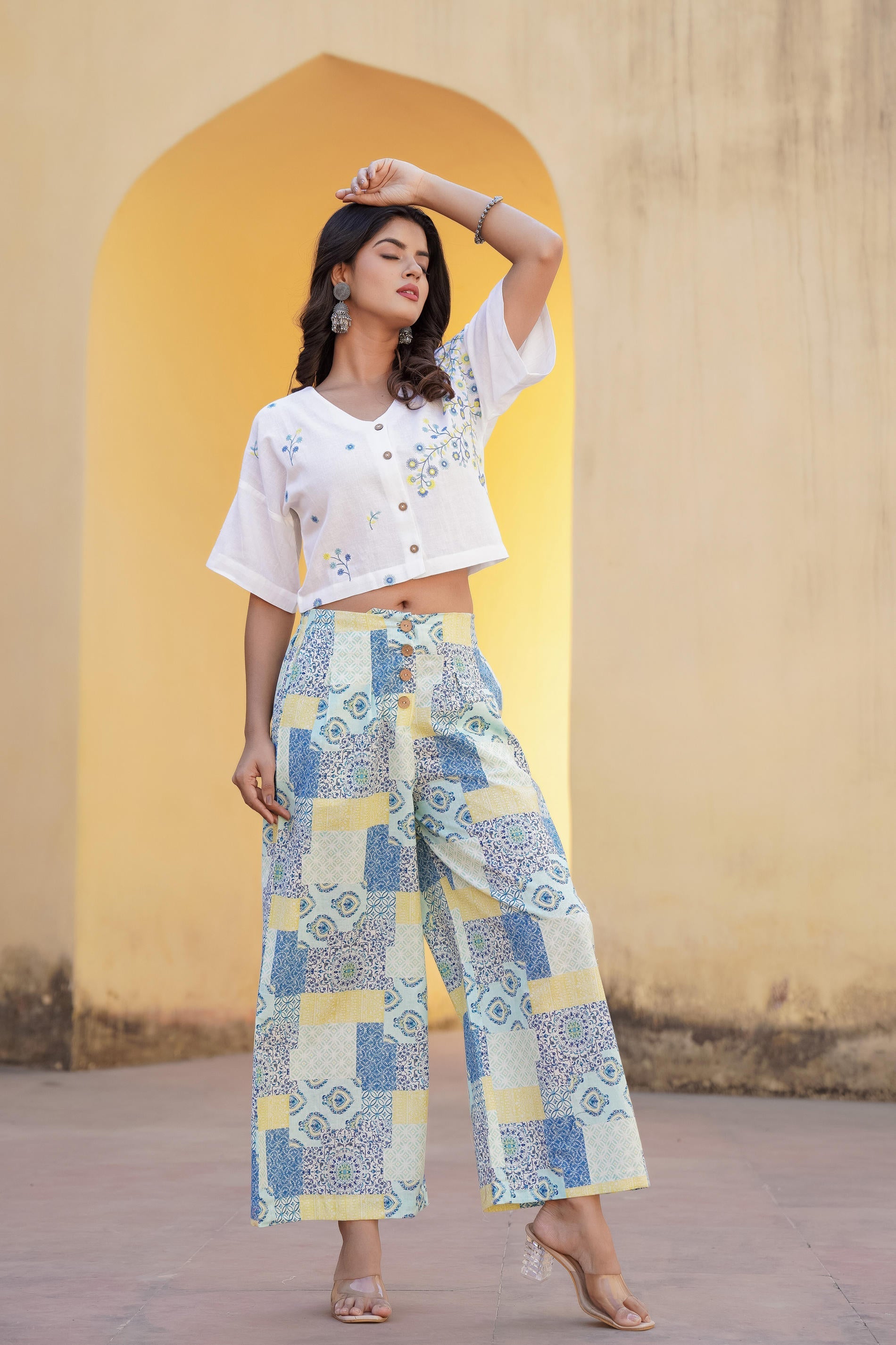 Blue Ethnic Motif Printed Viscose Top & Palazzo With Thread & Mirror Work