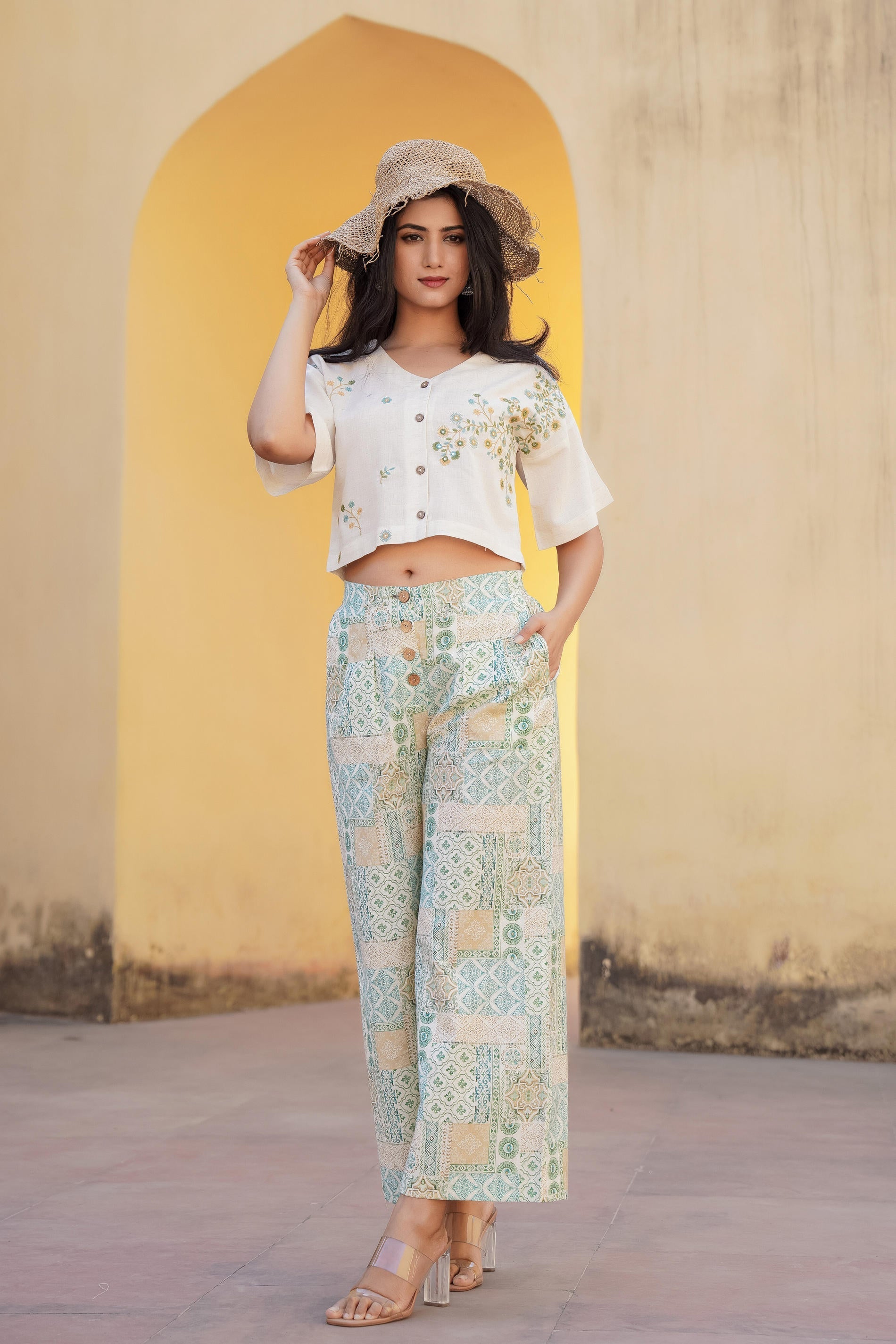 White & Mint Green Ethnic Motif Printed Viscose Top & Palazzo With Thread & Mirror Work