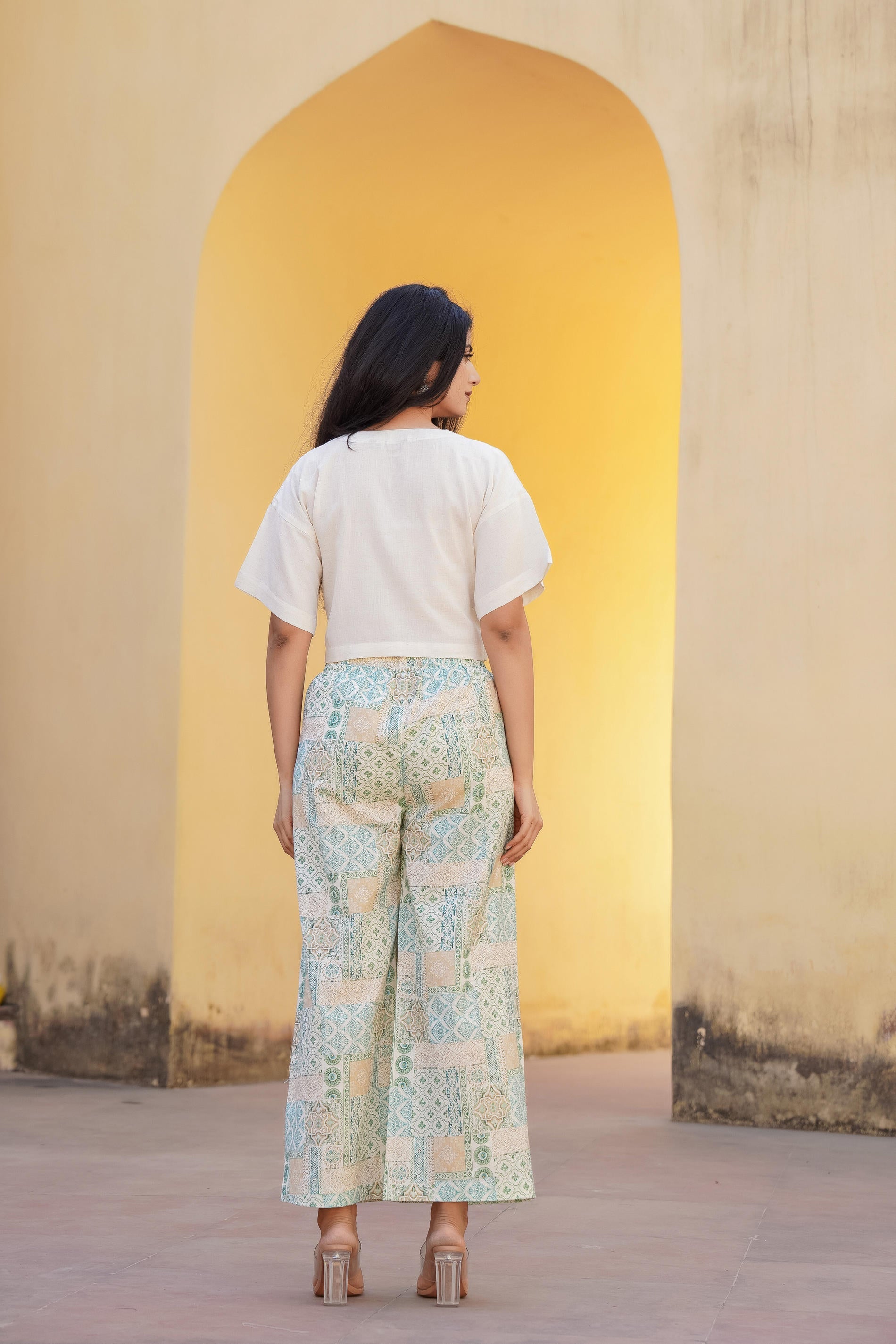 White & Mint Green Ethnic Motif Printed Viscose Top & Palazzo With Thread & Mirror Work