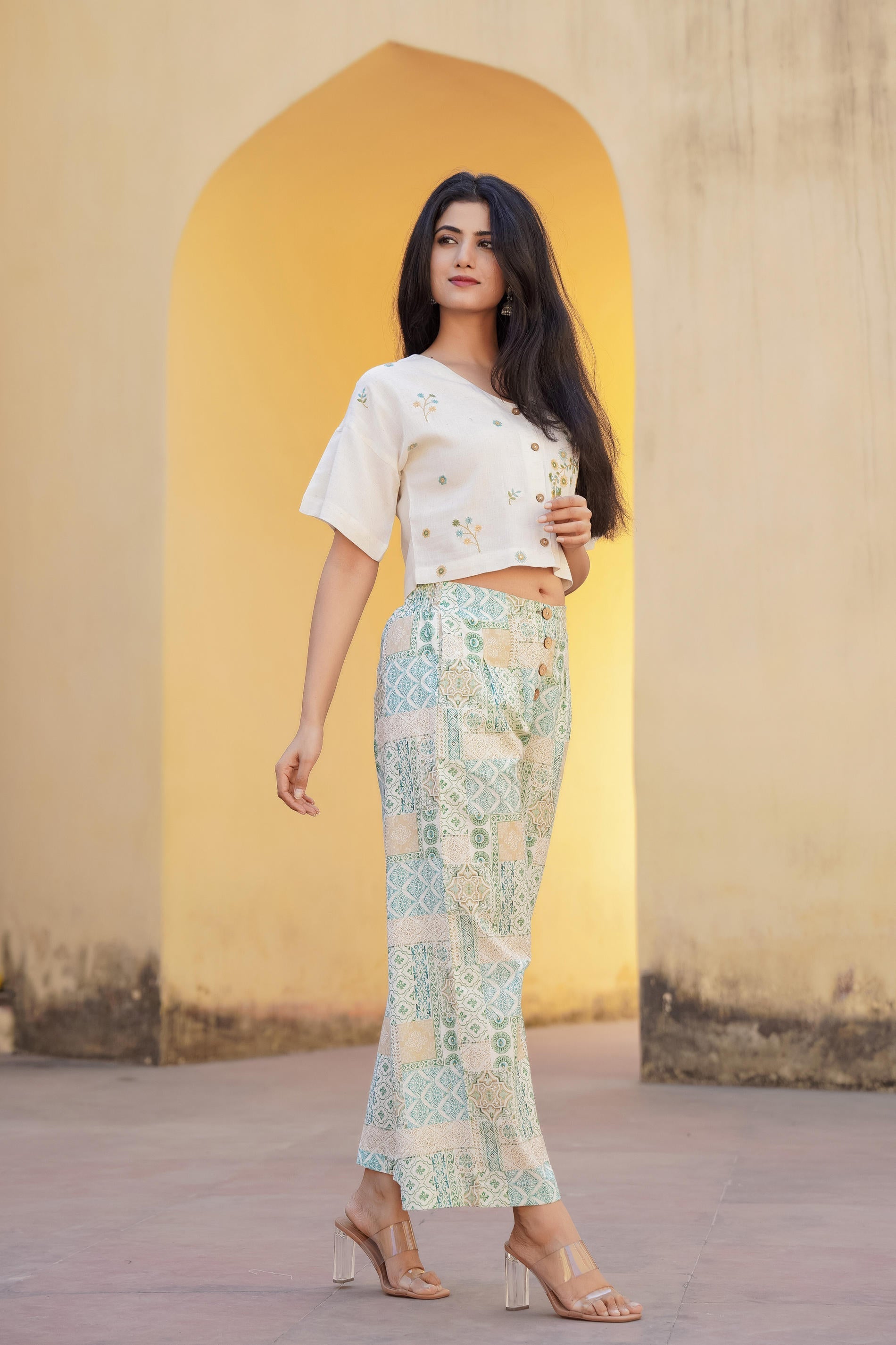White & Mint Green Ethnic Motif Printed Viscose Top & Palazzo With Thread & Mirror Work