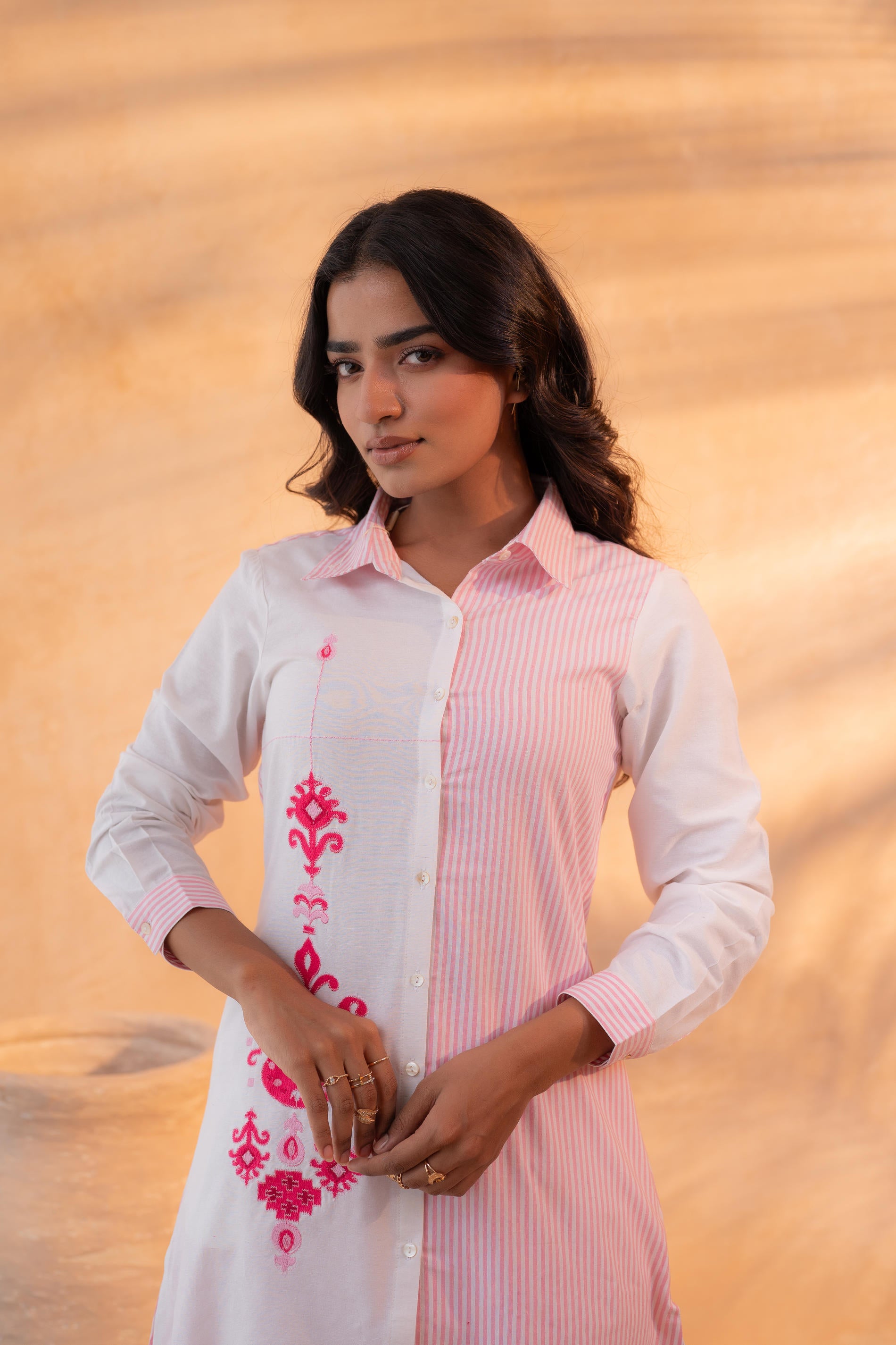 Pink & White Divide Embroidered Panel Kurta Set