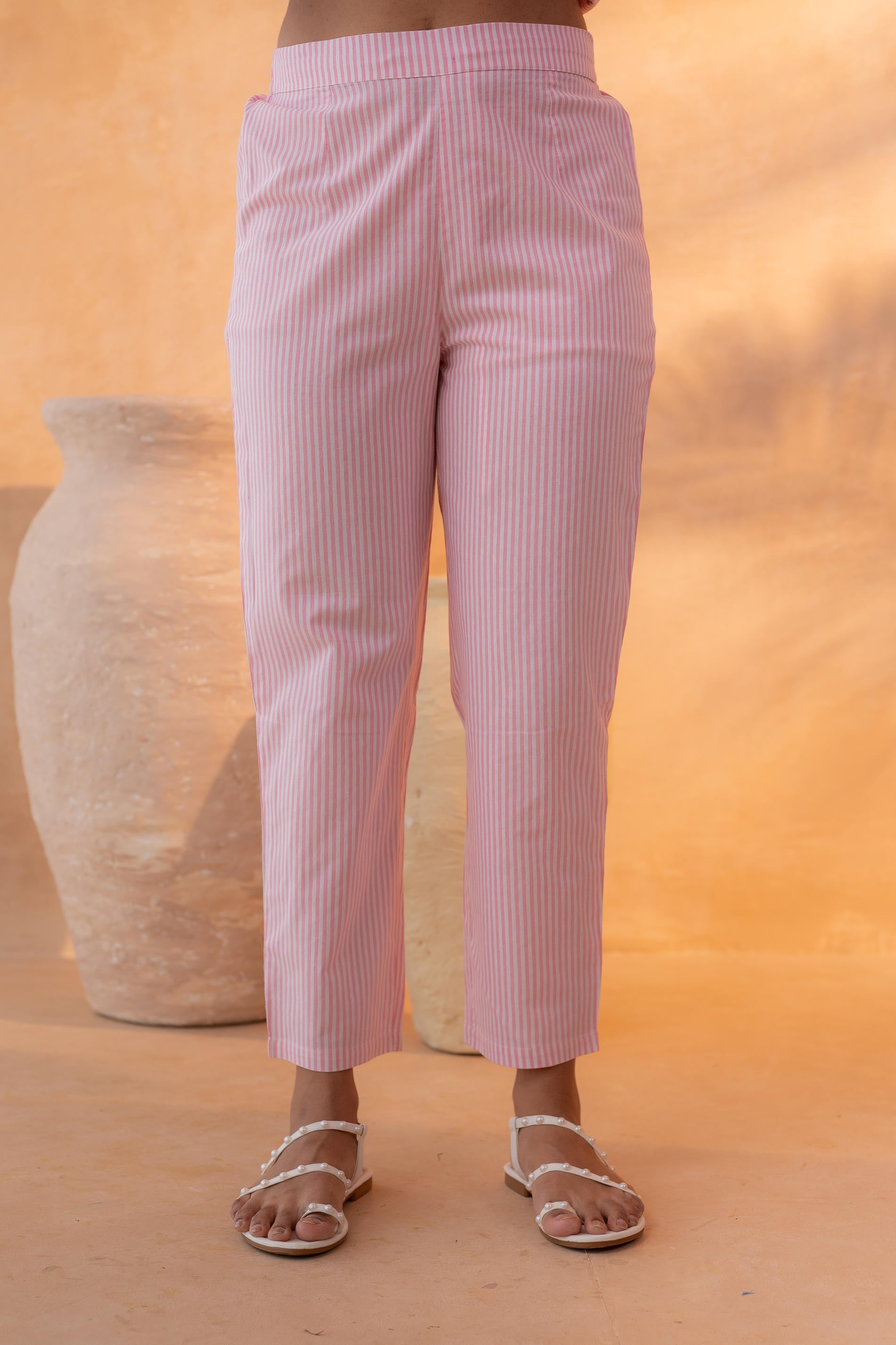 Pink & White Divide Embroidered Panel Kurta Set