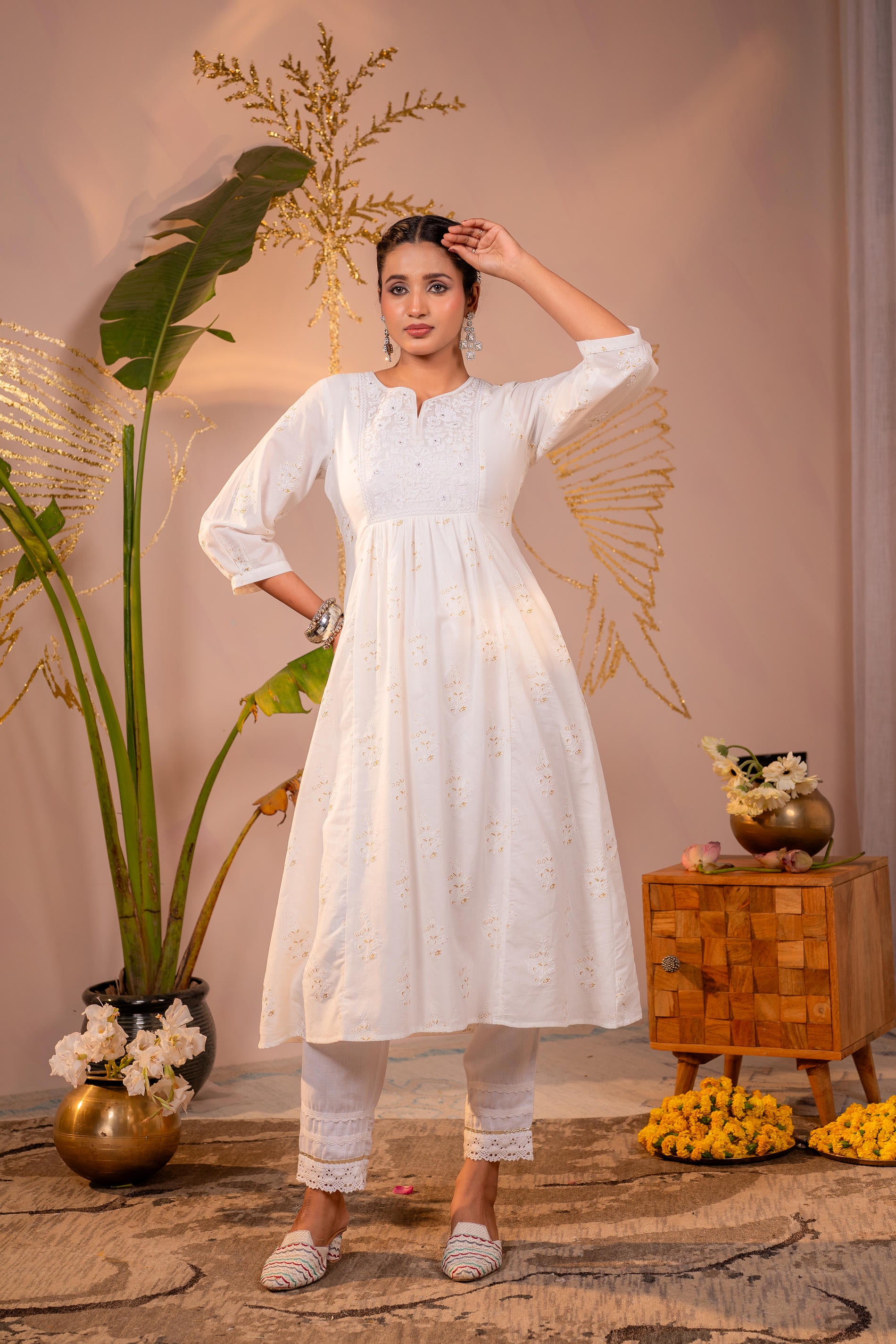 Cotton White Embroidered Kurta