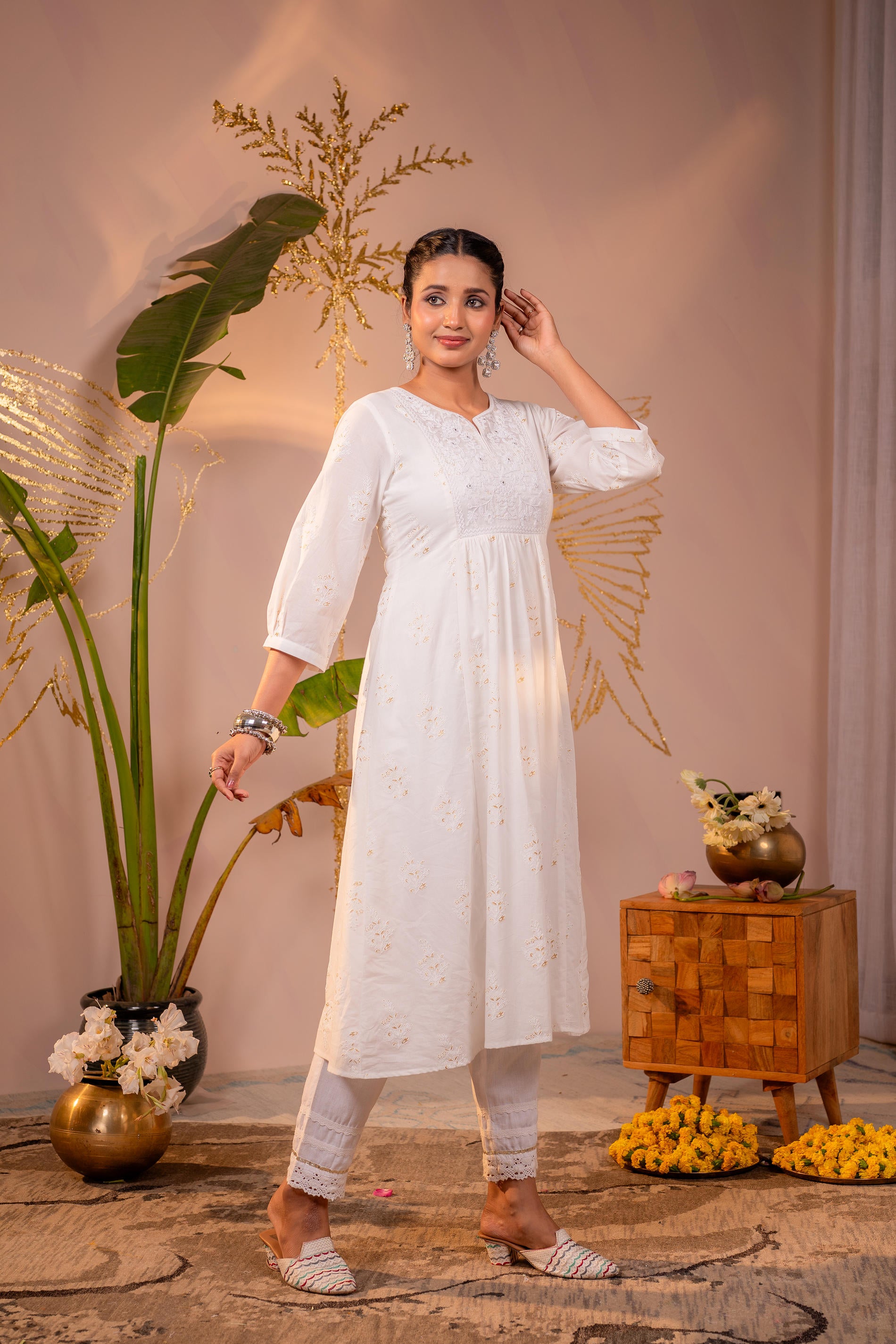 Cotton White Embroidered Kurta