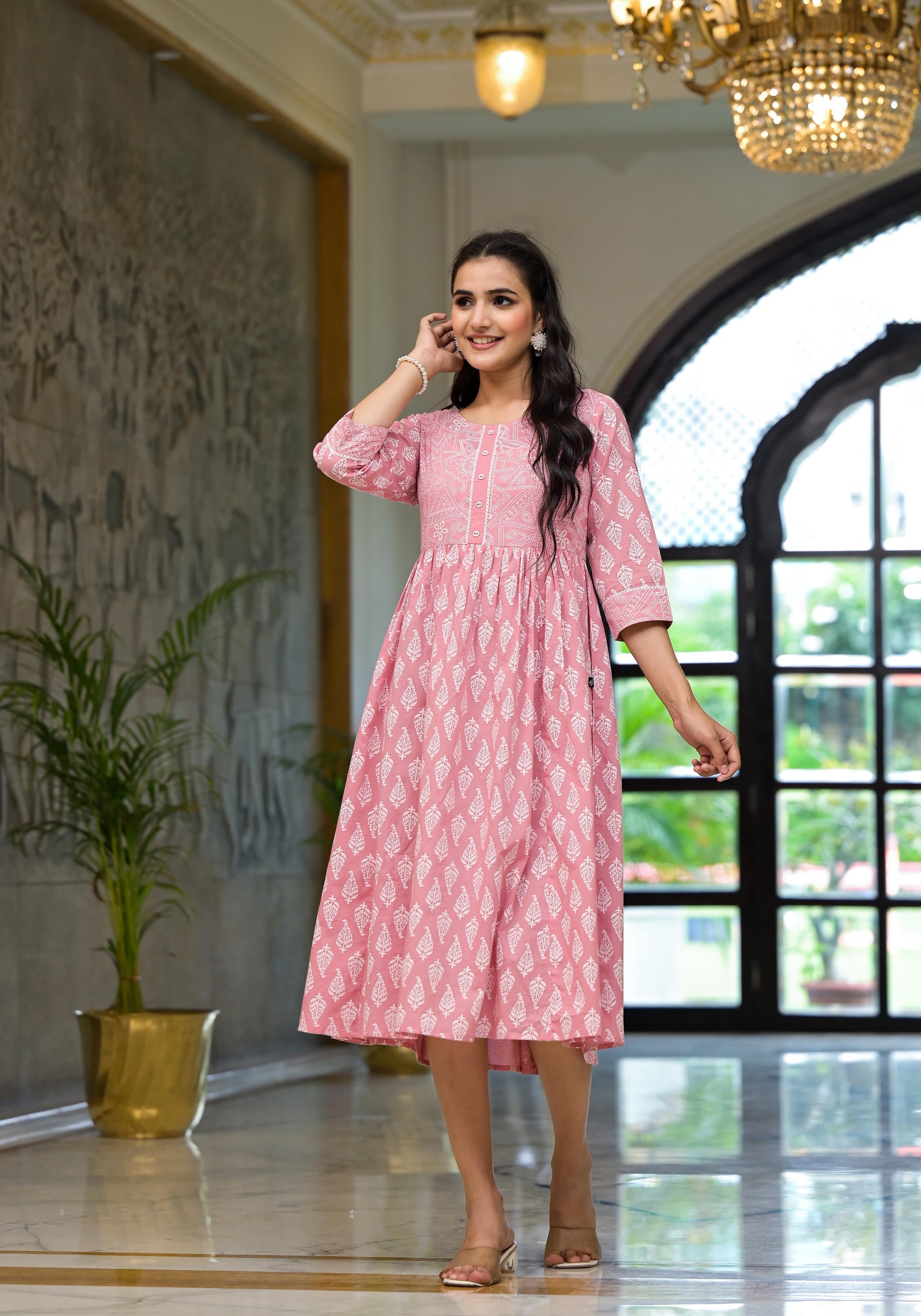 Pink Ethnic Motif Printed Cotton Short Dress with Button & Lace