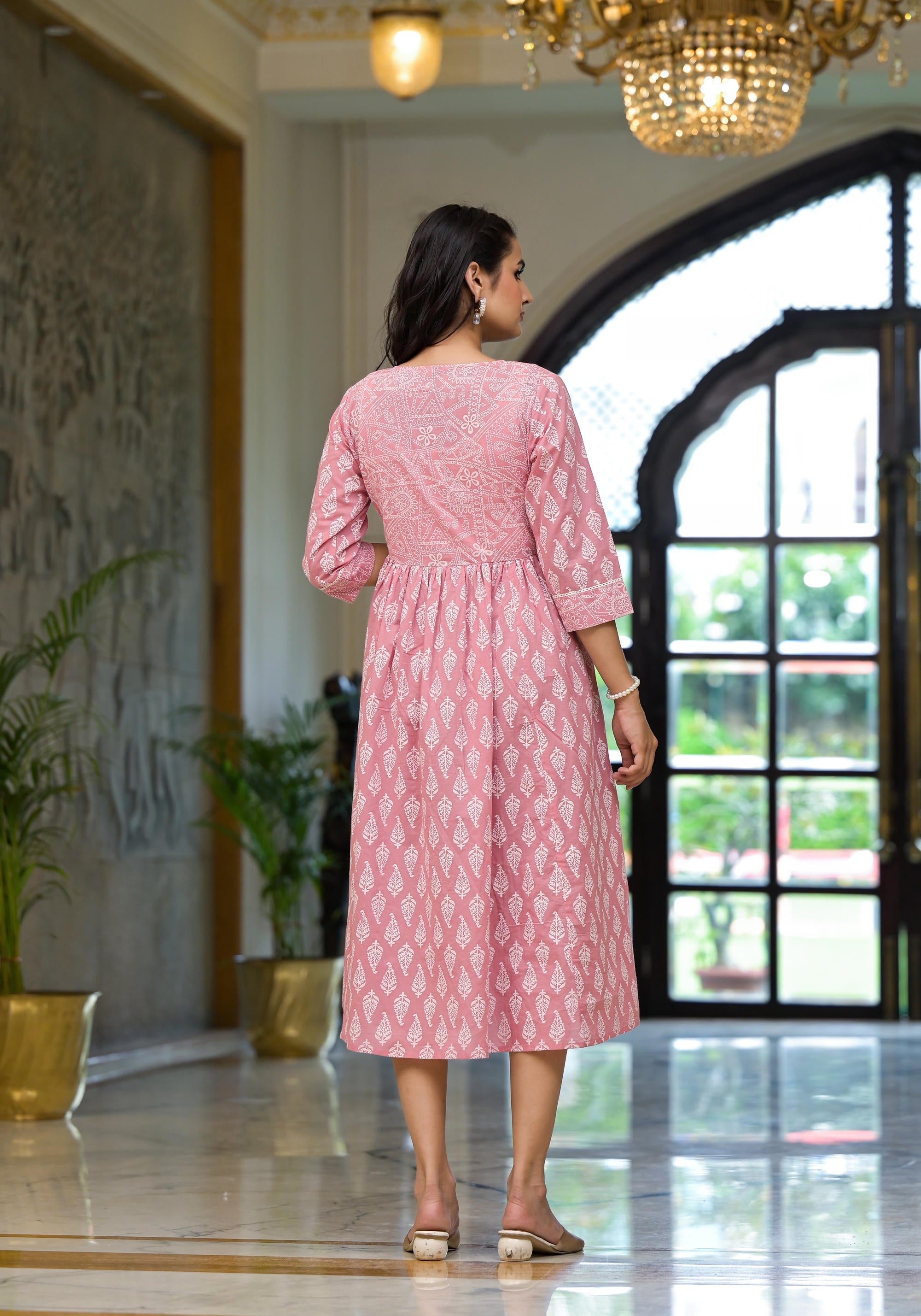 Pink Ethnic Motif Printed Cotton Short Dress with Button & Lace