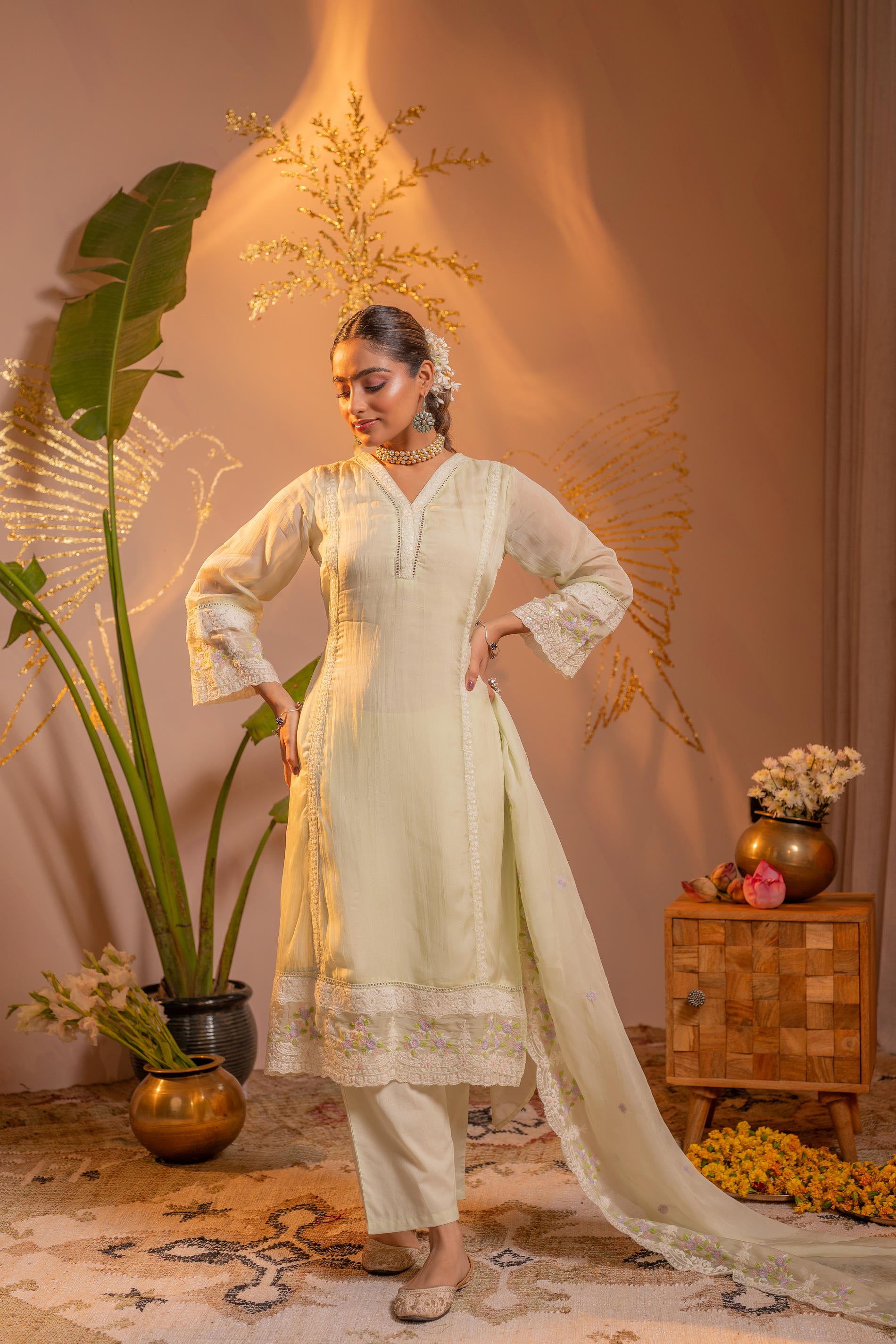 Lime Kurta Set with Floral Lace Borders