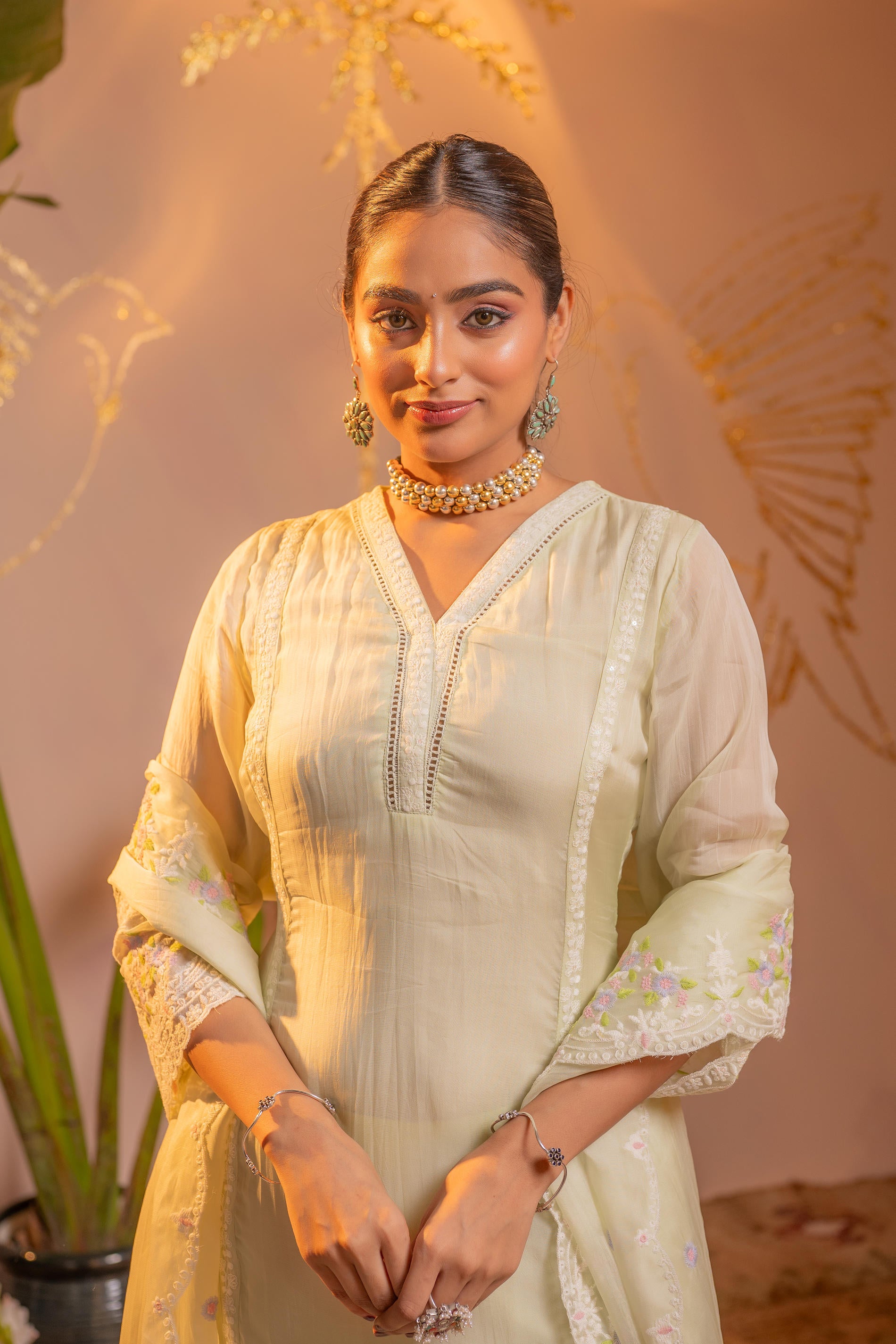 Lime Kurta Set with Floral Lace Borders