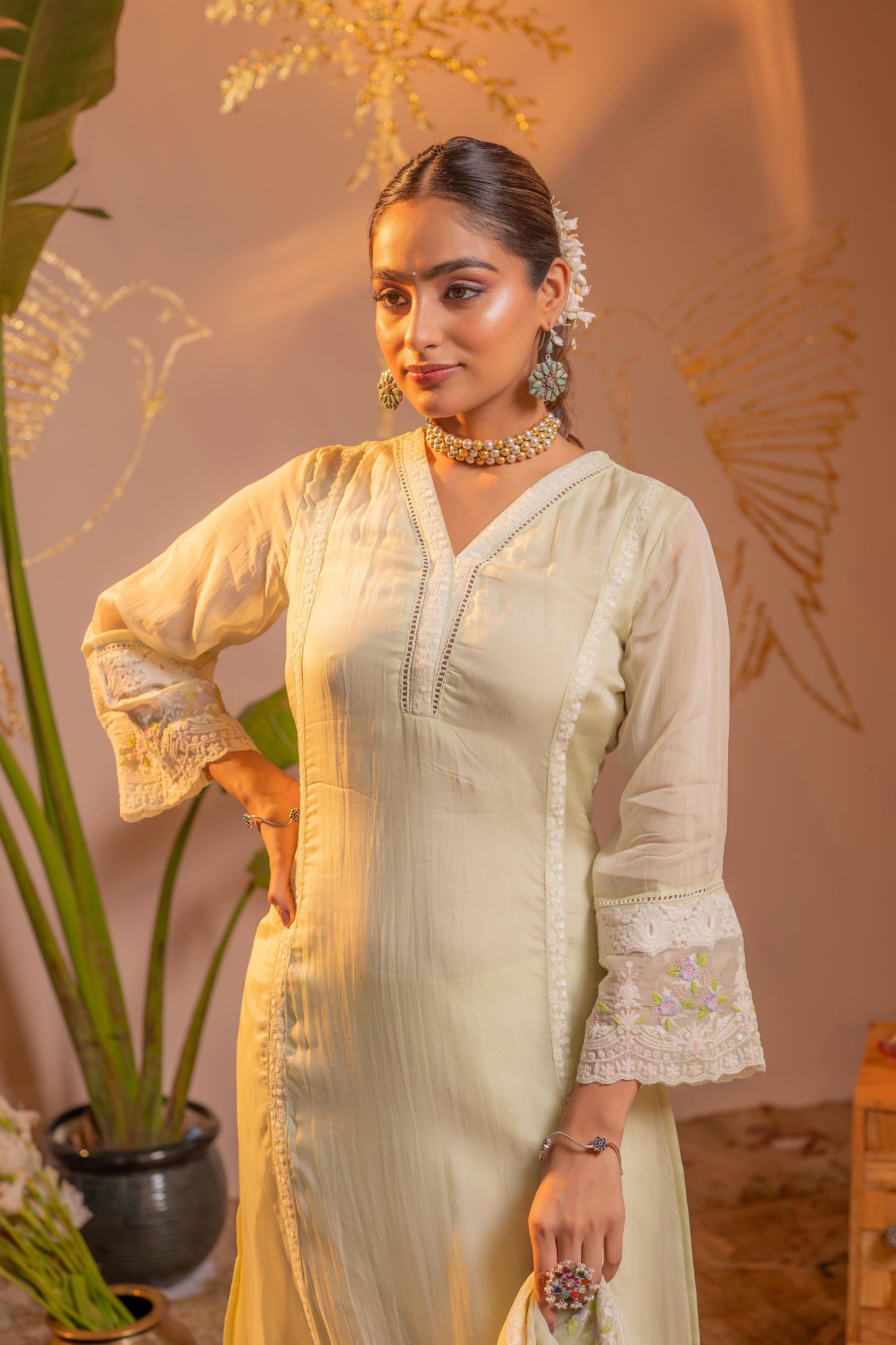 Lime Kurta Set with Floral Lace Borders