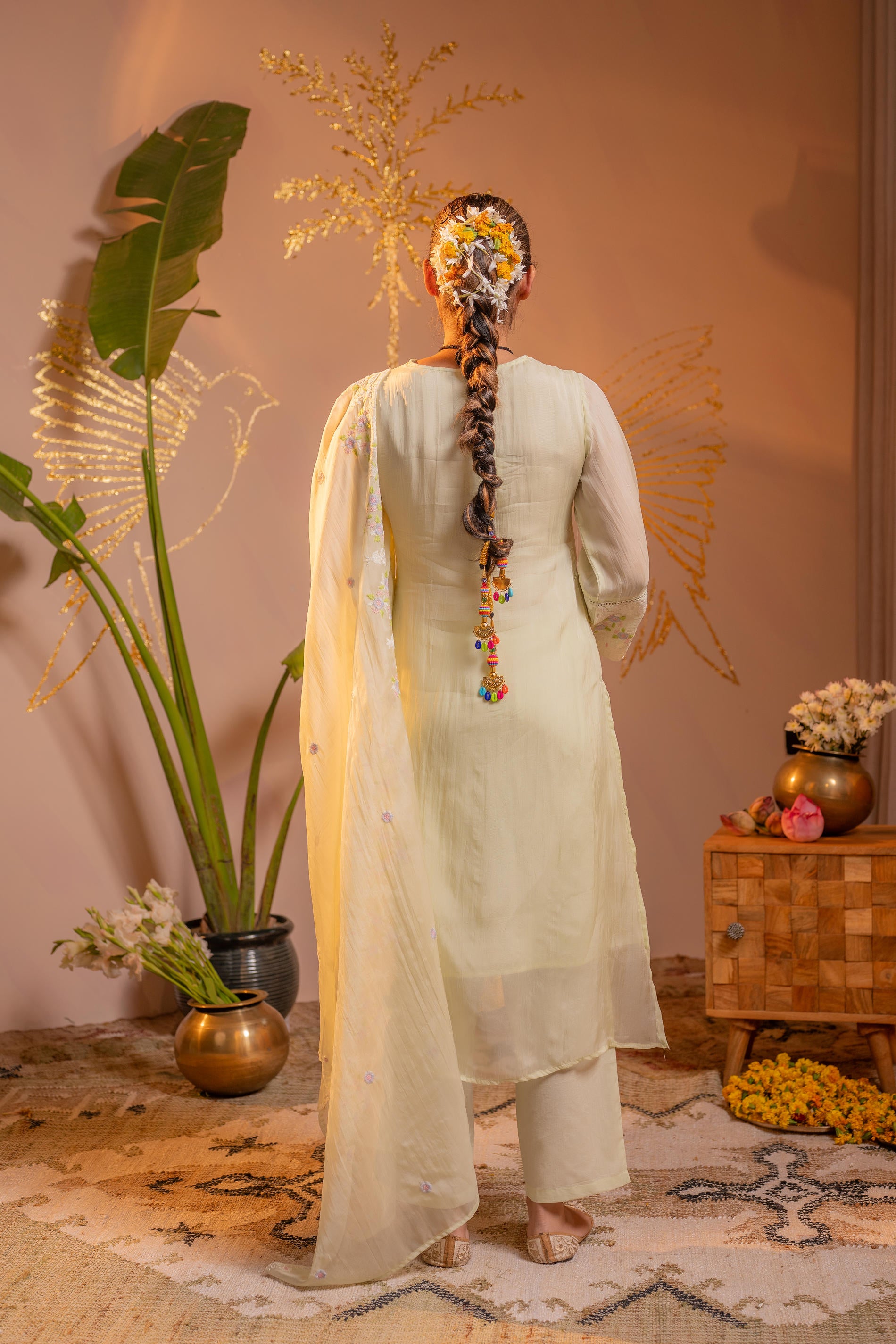 Lime Kurta Set with Floral Lace Borders