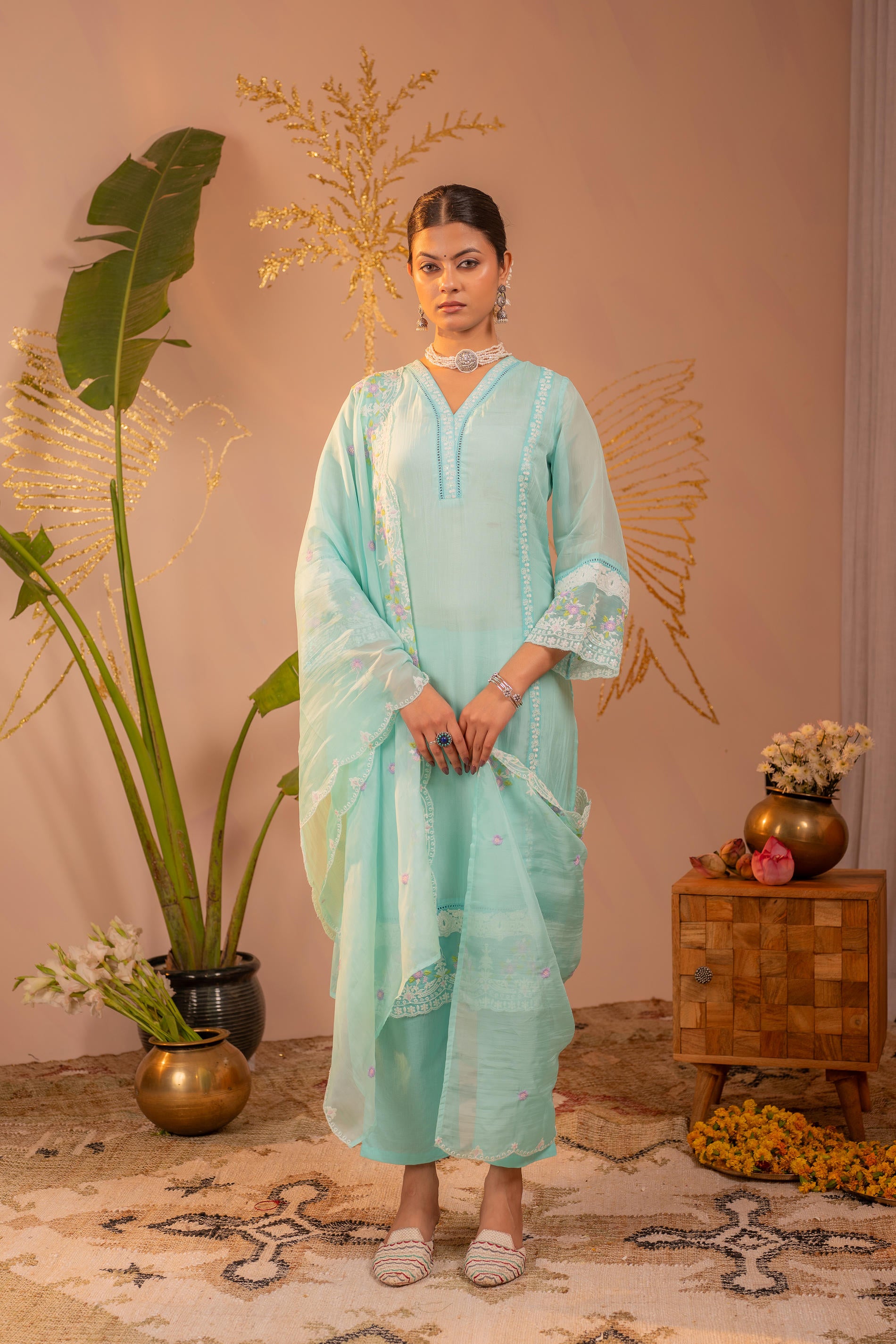 Sky Blue Kurta Set with Floral Lace Borders