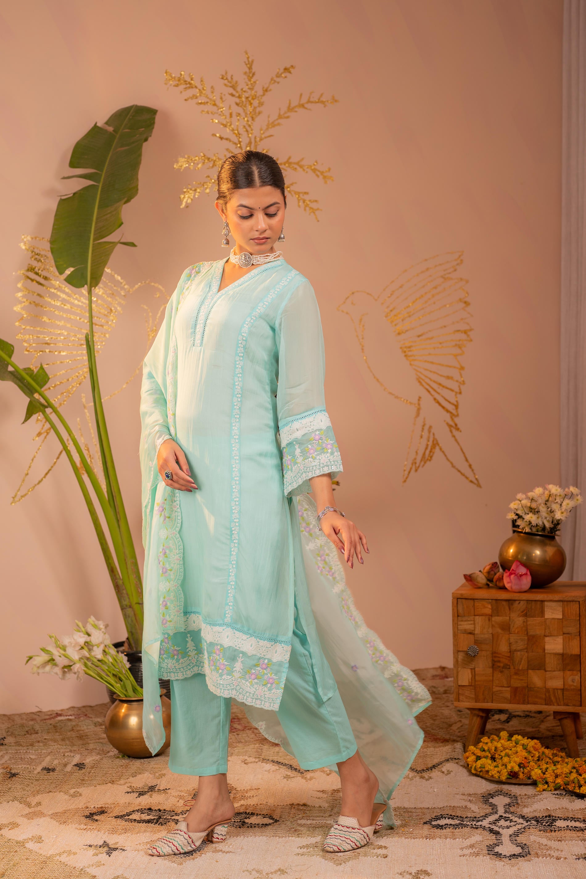 Sky Blue Kurta Set with Floral Lace Borders