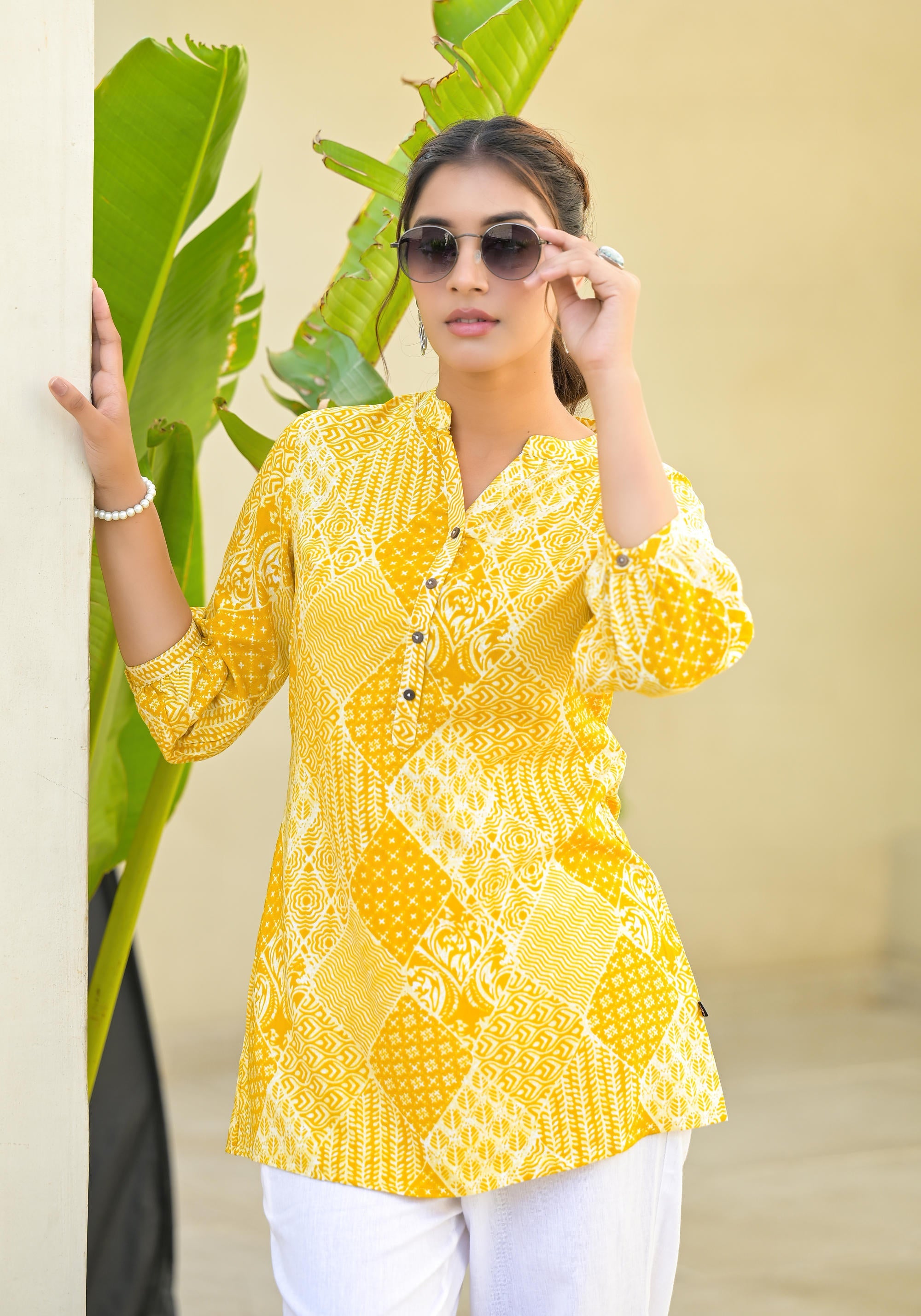 Mustard Ethnic Motif Printed Tunic With Button