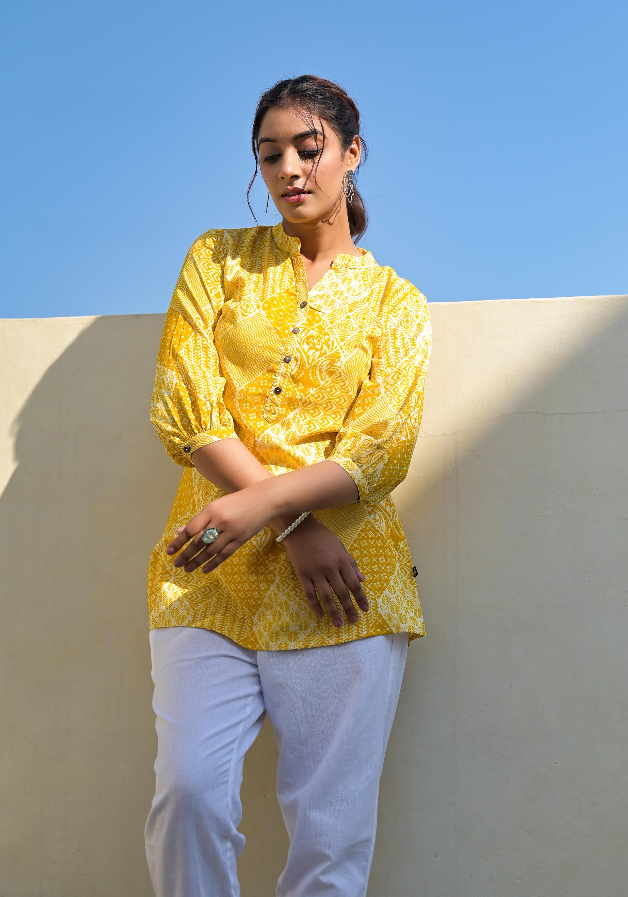 Mustard Ethnic Motif Printed Tunic With Button