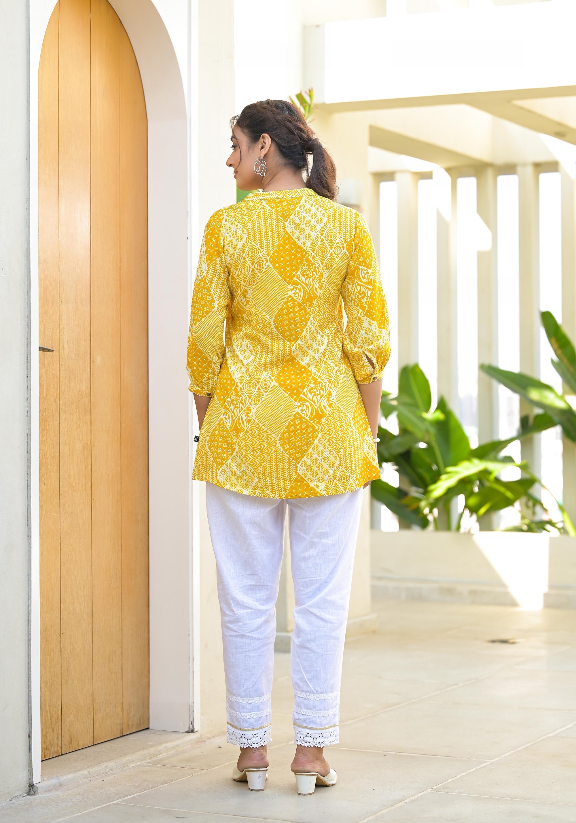 Mustard Ethnic Motif Printed Tunic With Button