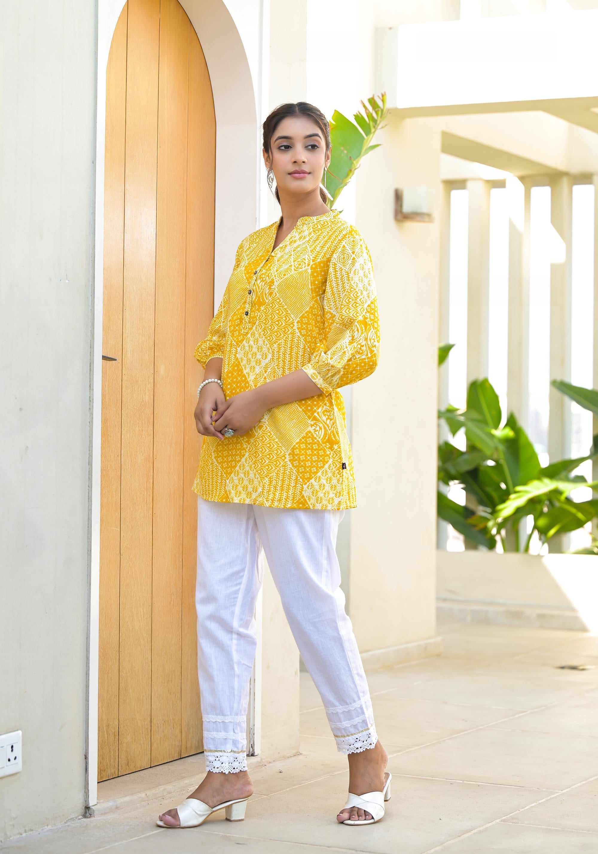 Mustard Ethnic Motif Printed Tunic With Button