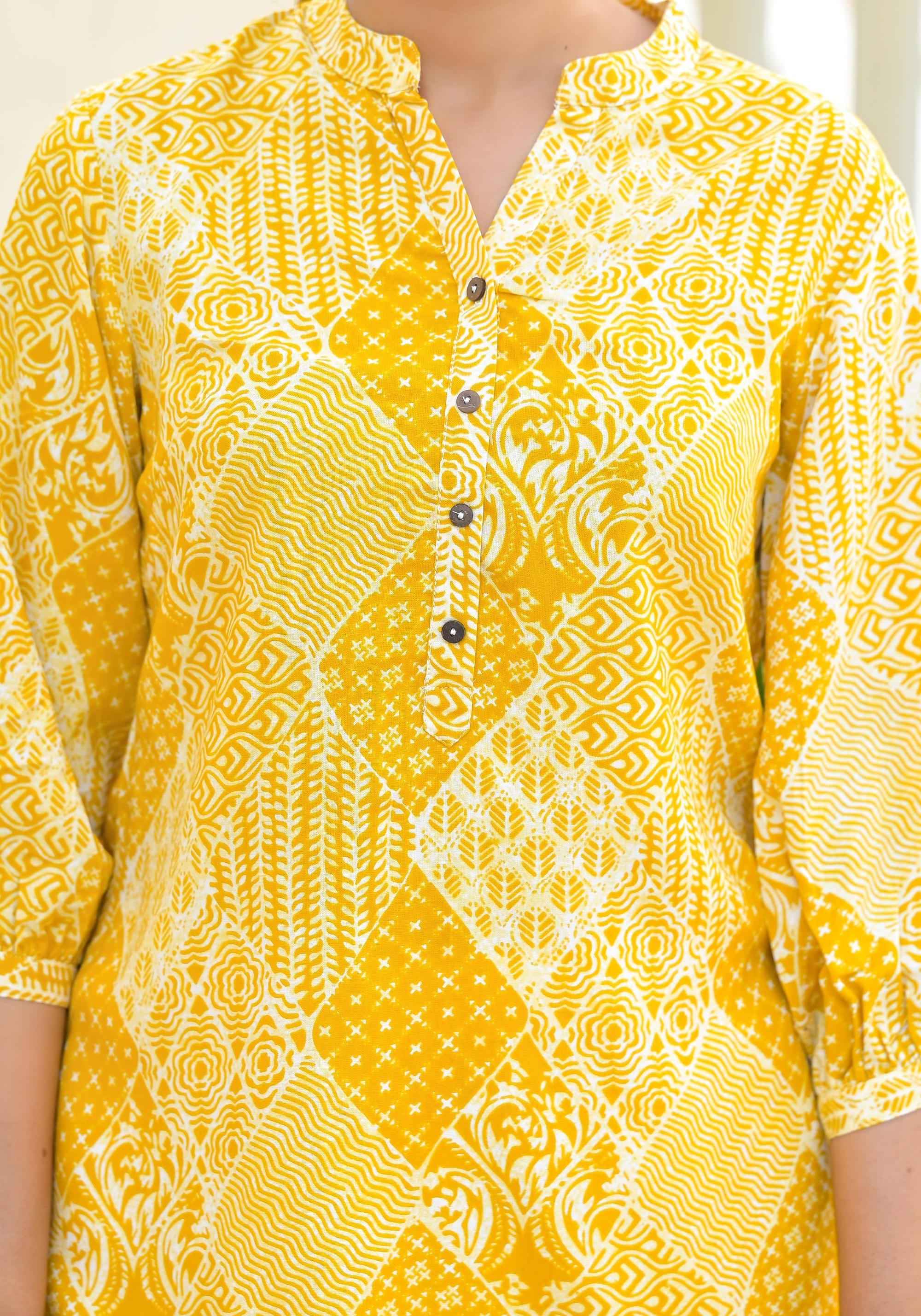 Mustard Ethnic Motif Printed Tunic With Button