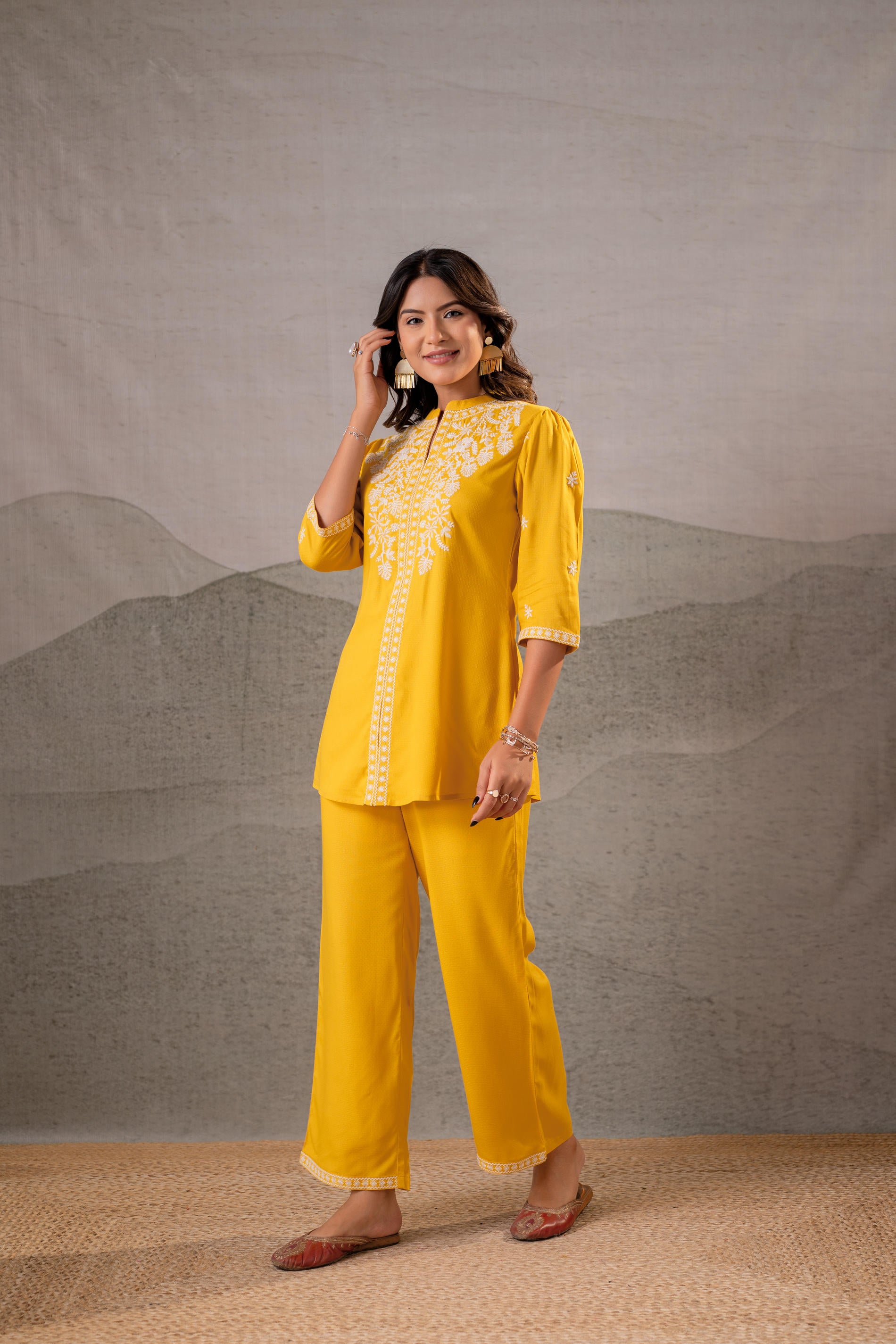 Sunlit Bloom Mustard Embroidered Co-Ord Set