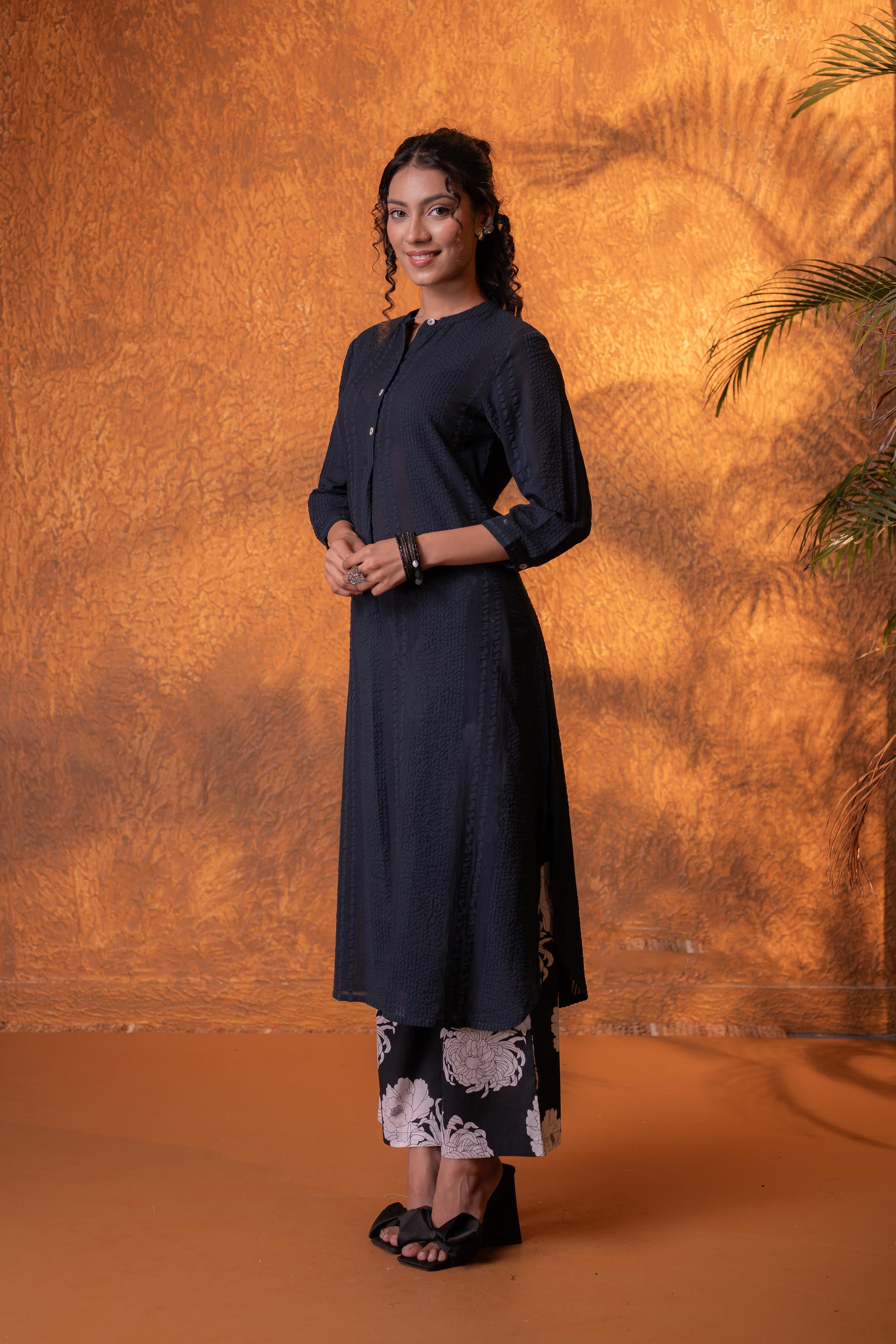 Black Cotton A-Line Kurta Pant Set
