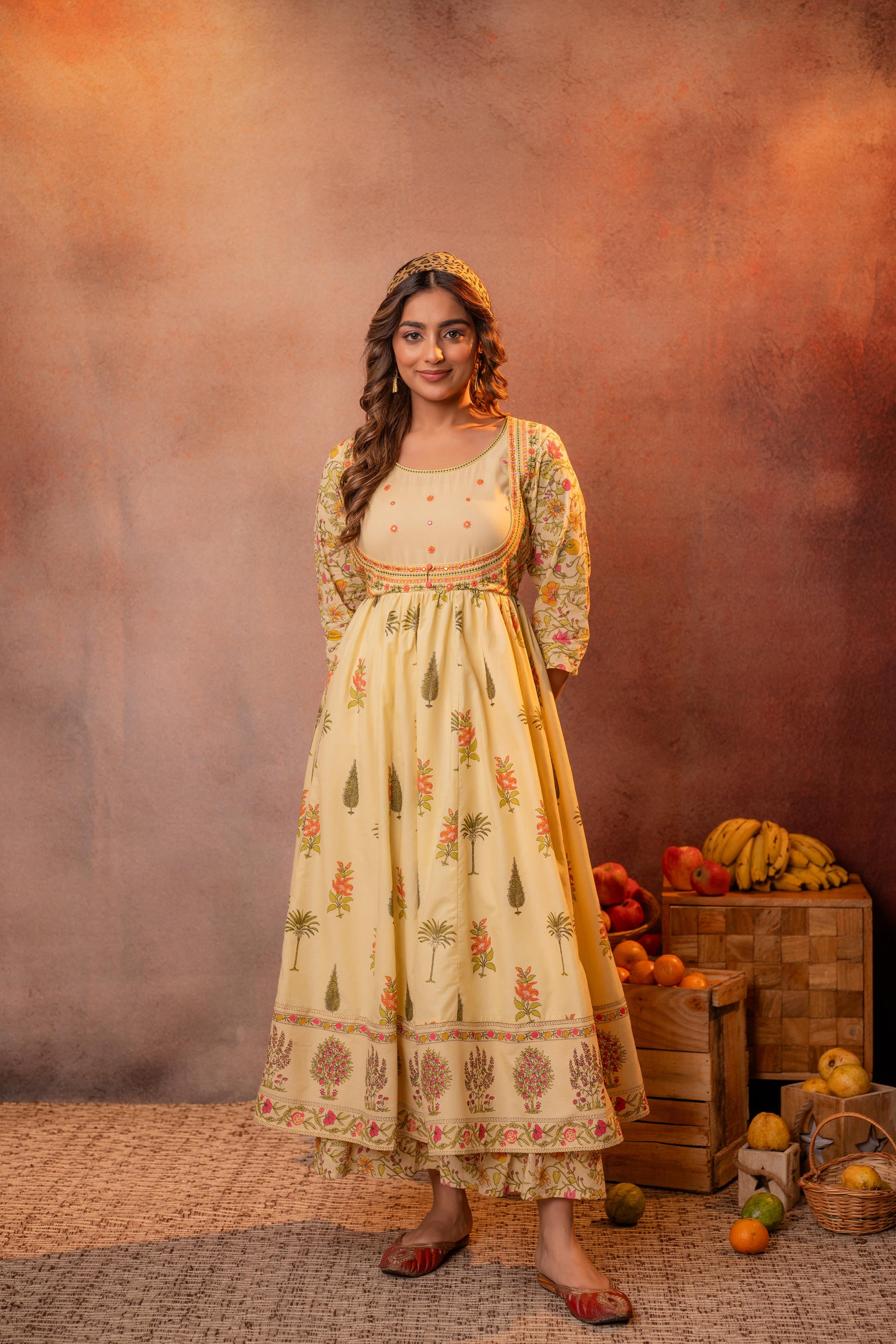 Buttercream Yellow Floral Printed Anarkali Dress
