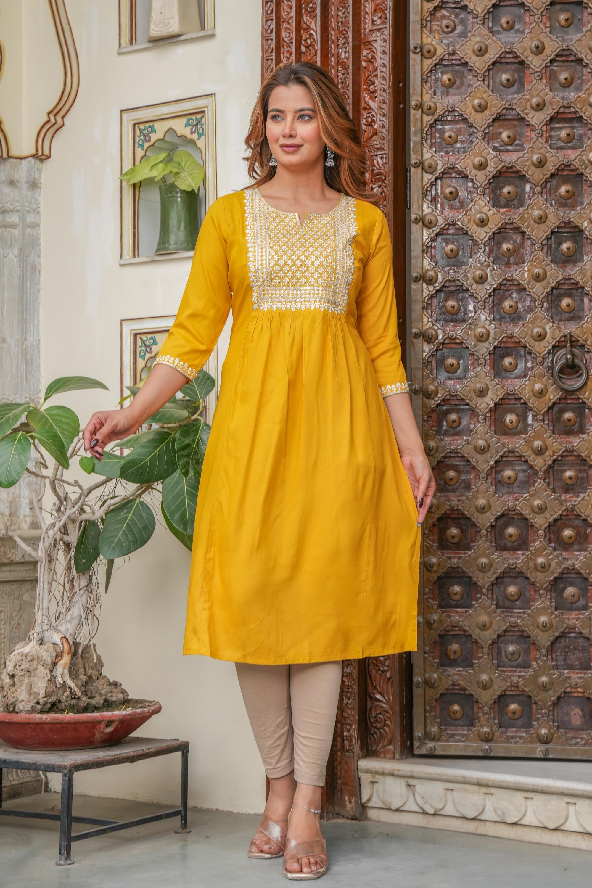 Mustard Viscose Embroidered Kurta With Thread Work And Sequins