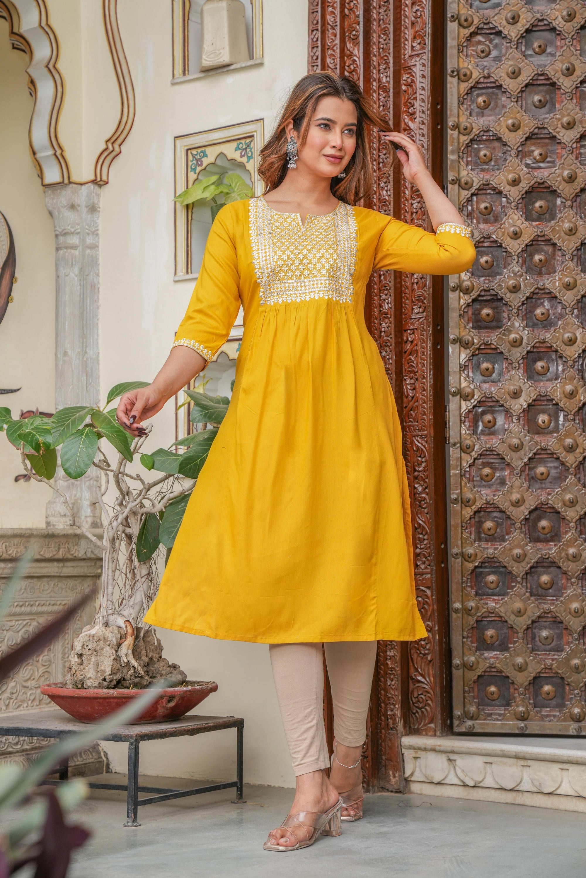 Mustard Viscose Embroidered Kurta With Thread Work And Sequins