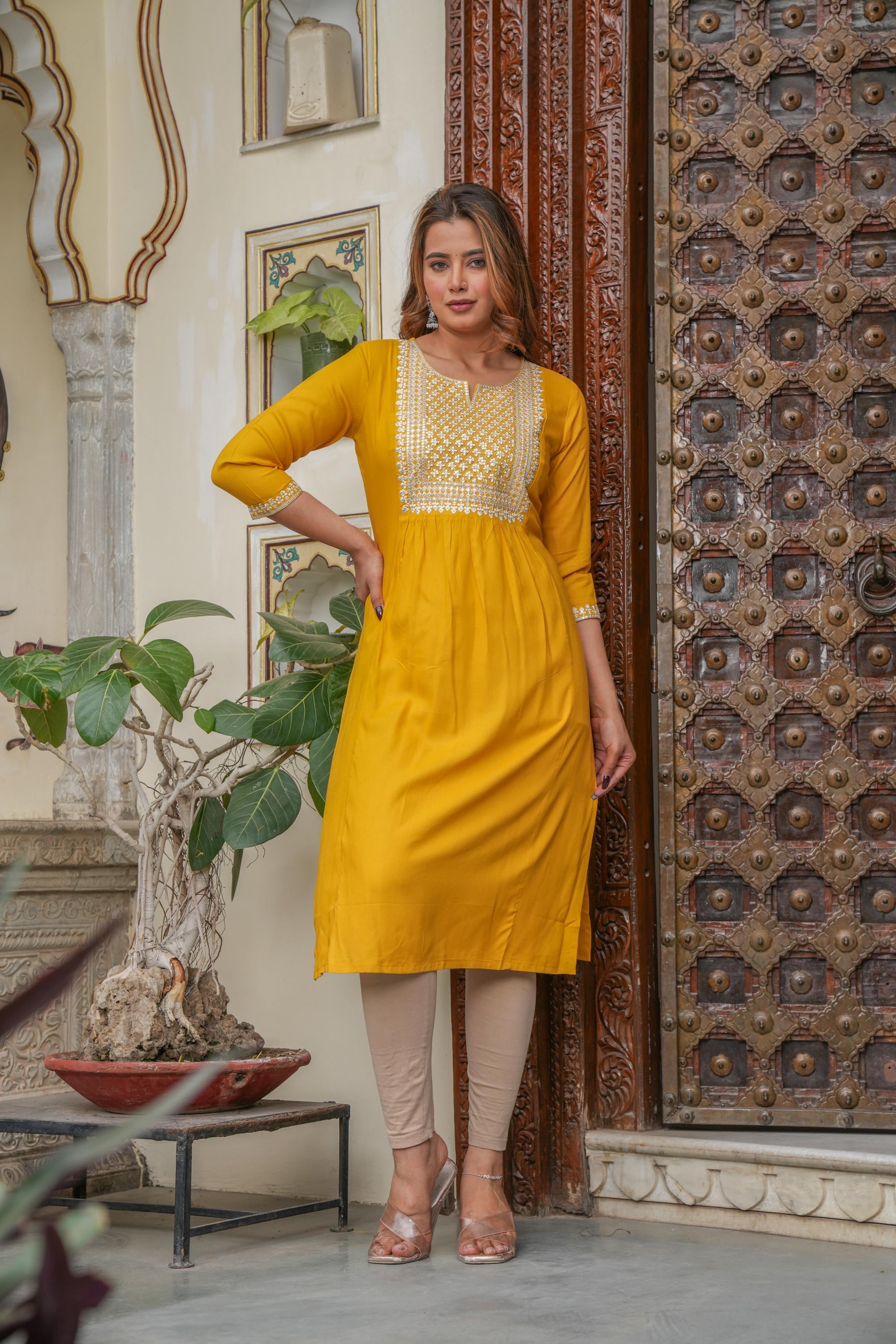 Mustard Viscose Embroidered Kurta With Thread Work And Sequins