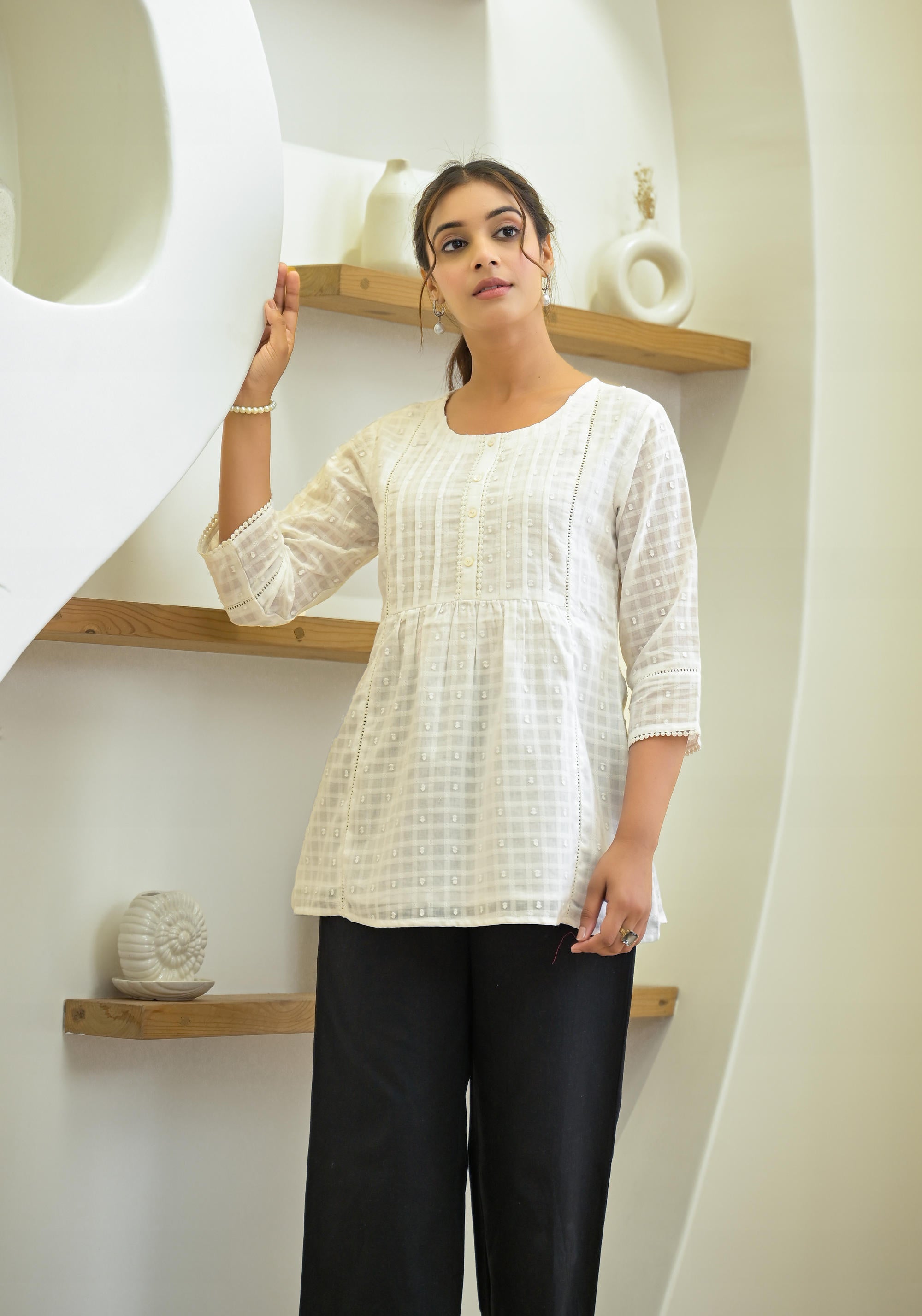 White Solid Cotton Tunic With Buttons & Lace