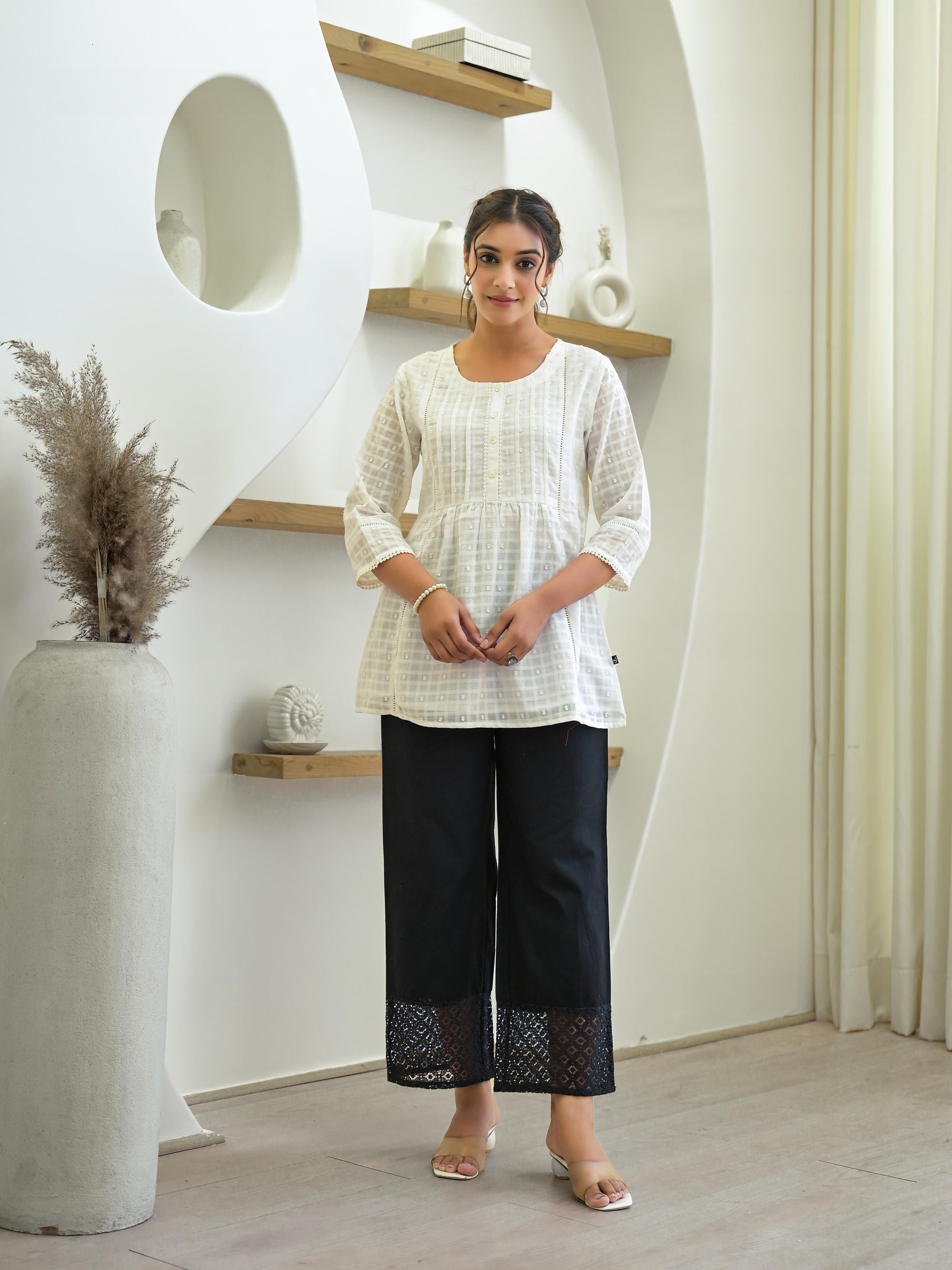 White Solid Cotton Tunic With Buttons & Lace