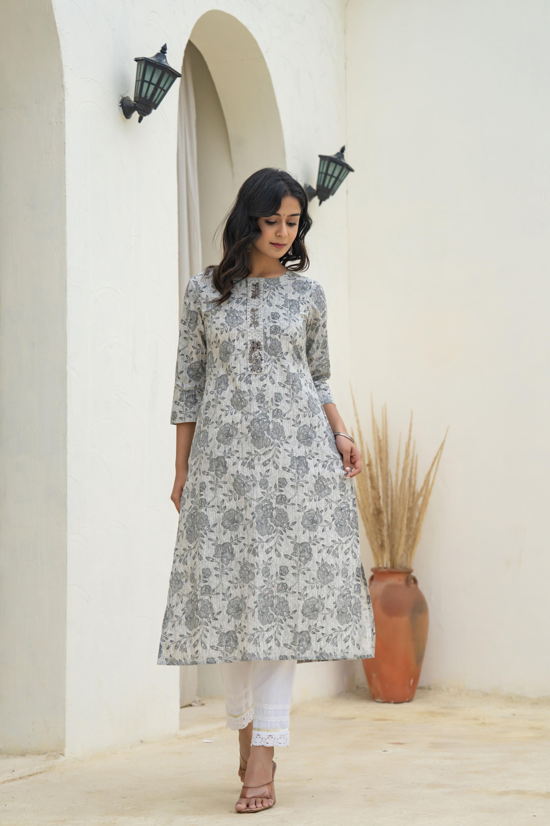 Grey Floral Printed Kurta